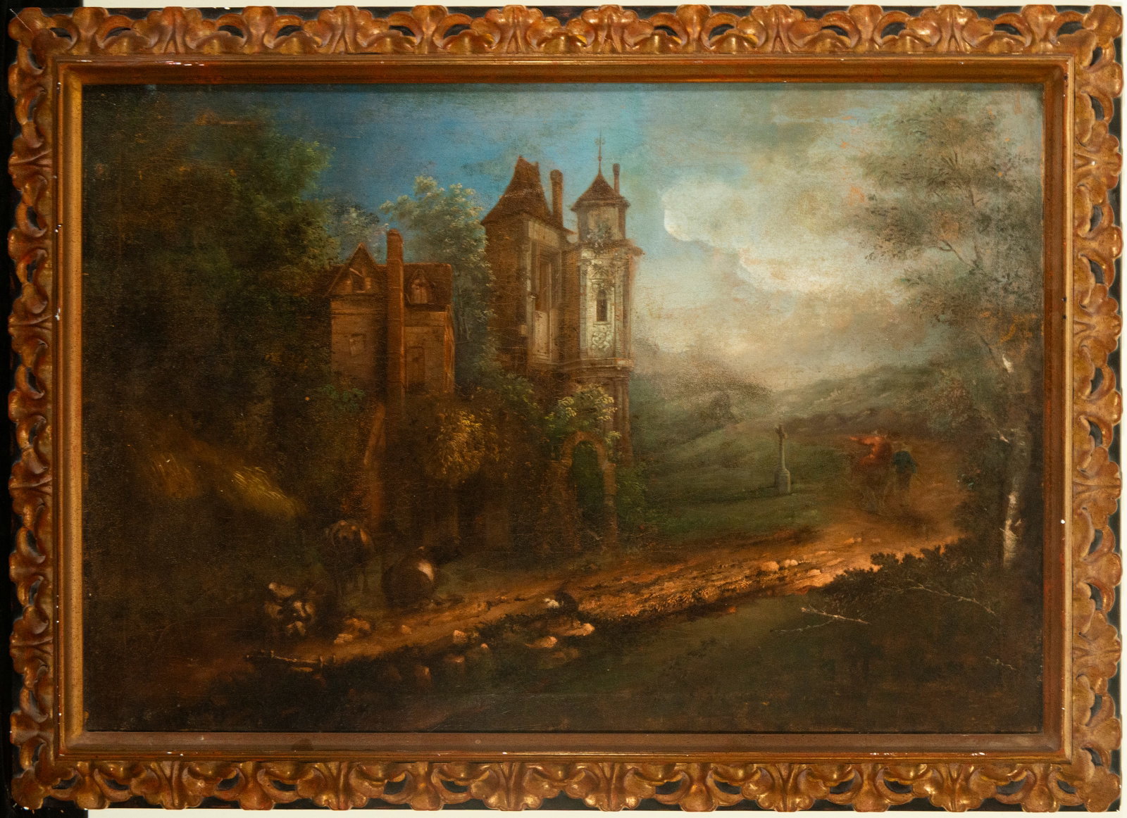Fantasy landscape with architecture, Dutch School, 18th century: Oil on canvas. Dimensions: 58 × 84 cm; 70 × 98 × 5 cm (framed). An idealized view with buildings and figures, treated with a melancholic atmosphere and ochre tones. The loose brushwork and balanced