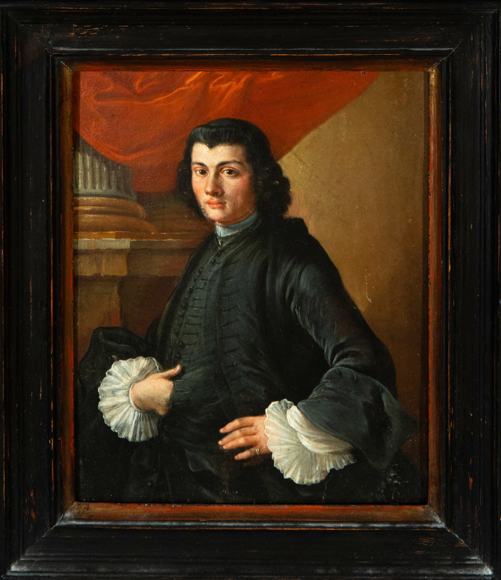 Portrait of a young gentleman, Dutch or Italian master of the 17th century: Oil on copper. Measures 29 x 21 cm. Half-length portrait of a young gentleman elegantly dressed in dark, understated clothing, set against an architectural background with a classical column and a flo