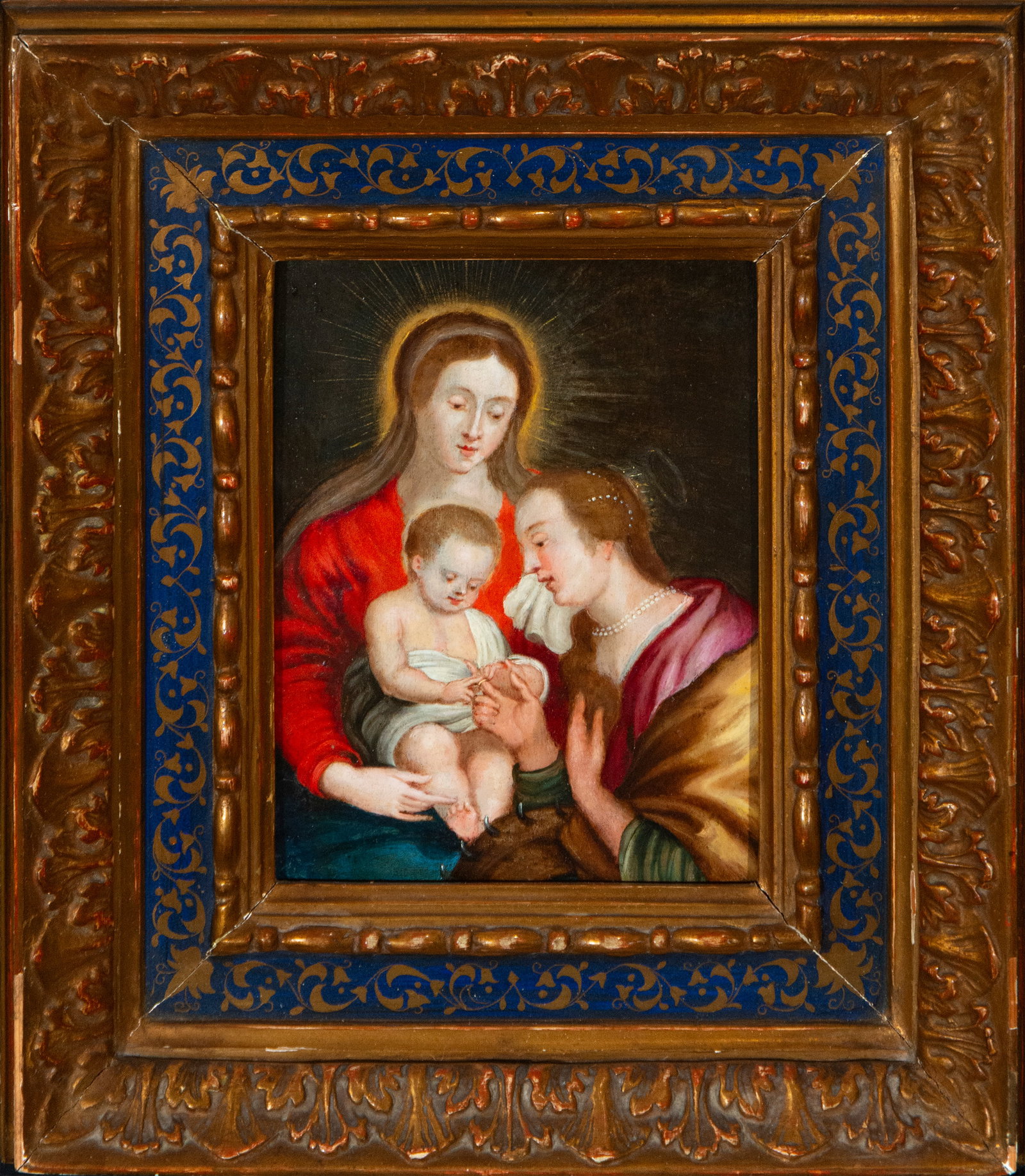 The Mystical Marriage of Saint Catherine, Antwerp School, Mid-17th Century: Oil on copper. Measures 22 x 16 cm. The Virgin Mary holds the Christ Child while Saint Catherine approaches in a devout attitude to receive the ring signifying her mystical union with Christ. The comp