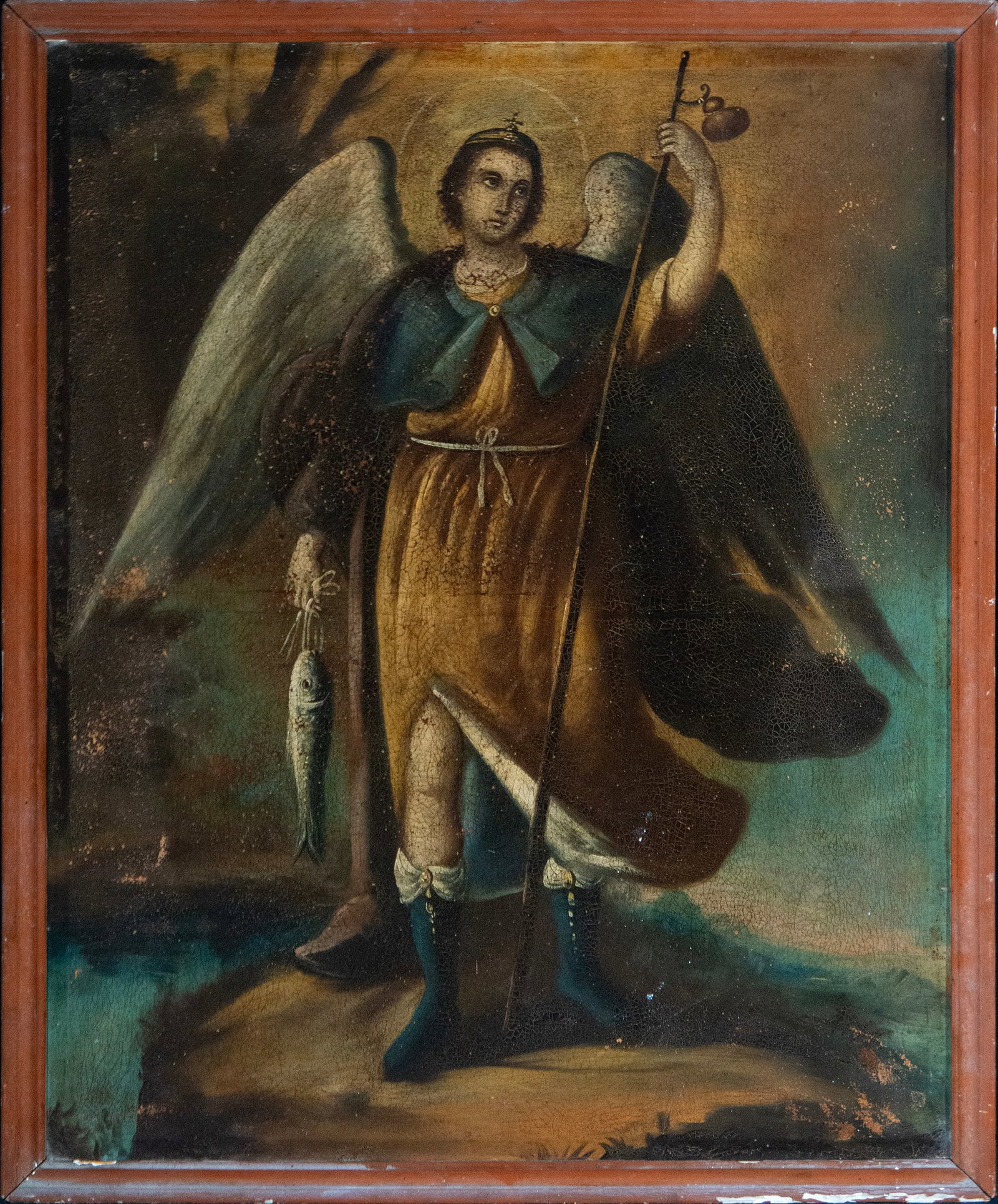 Saint Raphael the Archangel, colonial school, 17th century: Oil on canvas. Measurements 101 cm x 80 cm. Measurements with frame 110 cm x 87 cm.