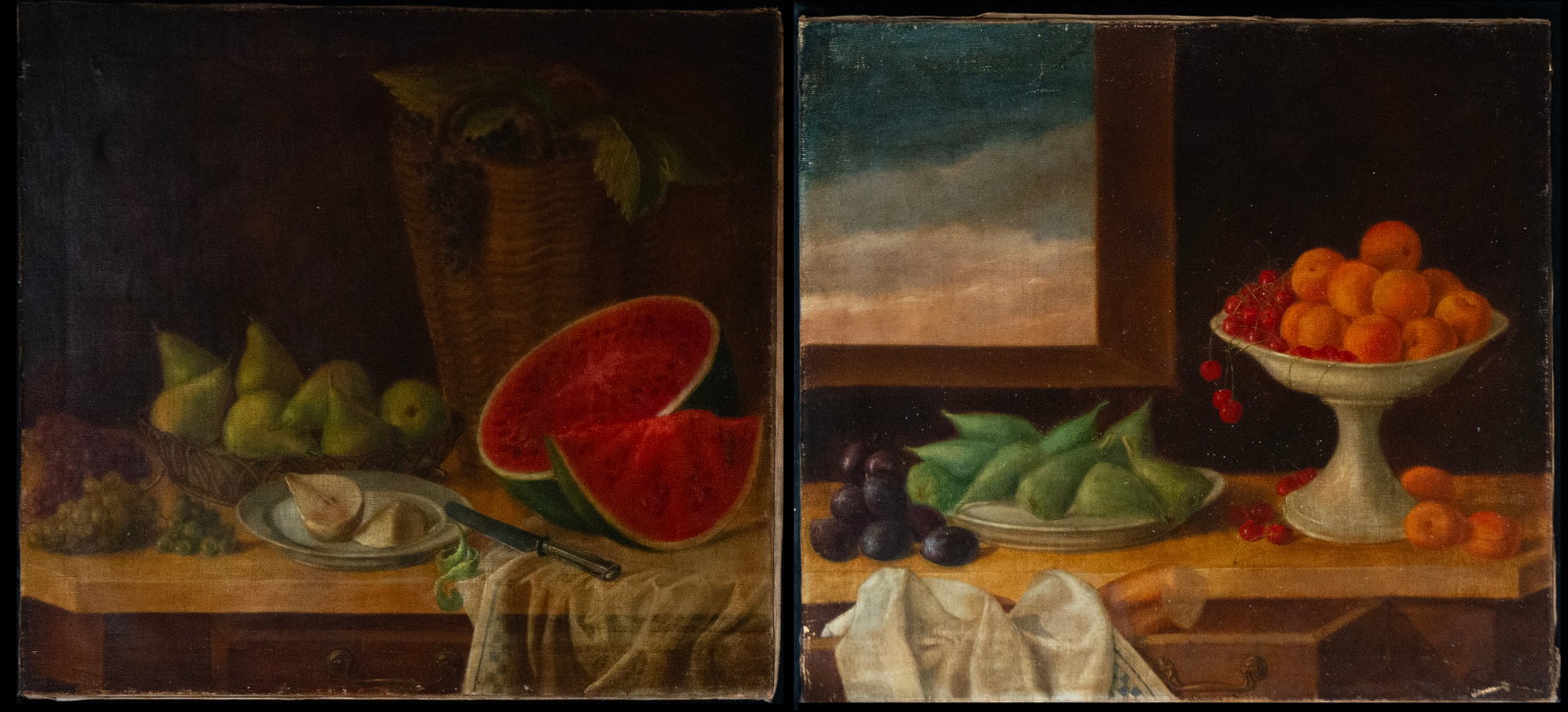 Pair of still lifes with fruit, Majorcan school, 18th century: Oil on canvas. Measurements 73 cm x 67 cm.