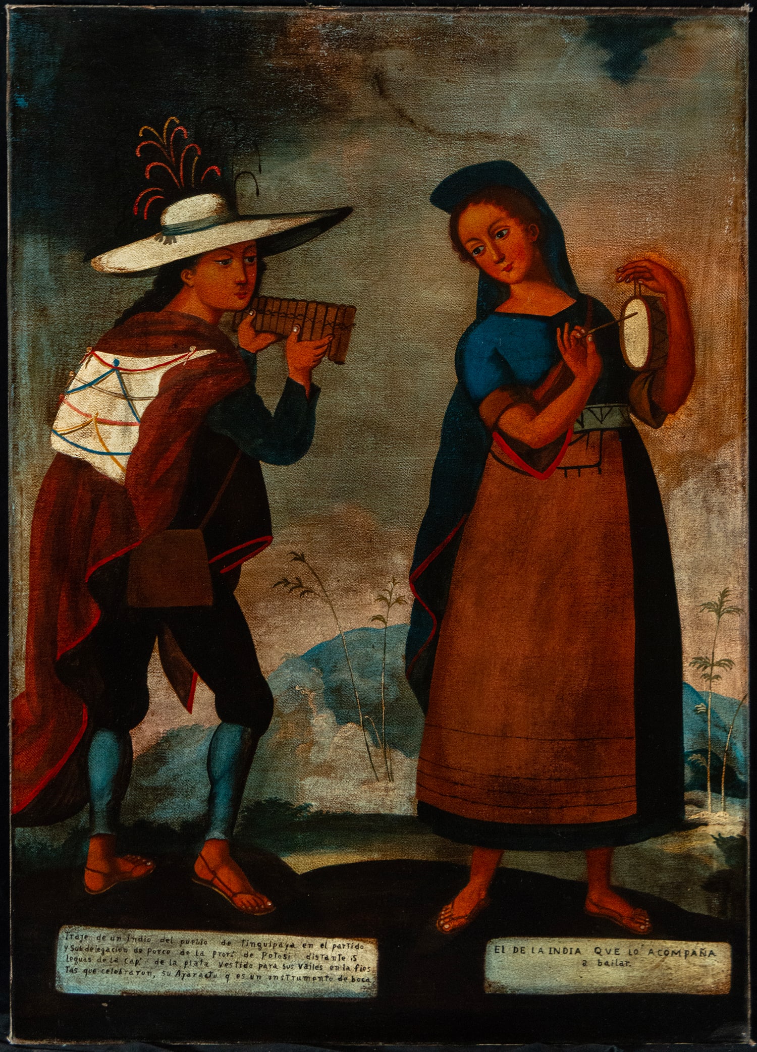 Pair of folk musicians with instruments, colonial school, 20th century: Oil on canvas. Measurements 93 cm x 65 cm.