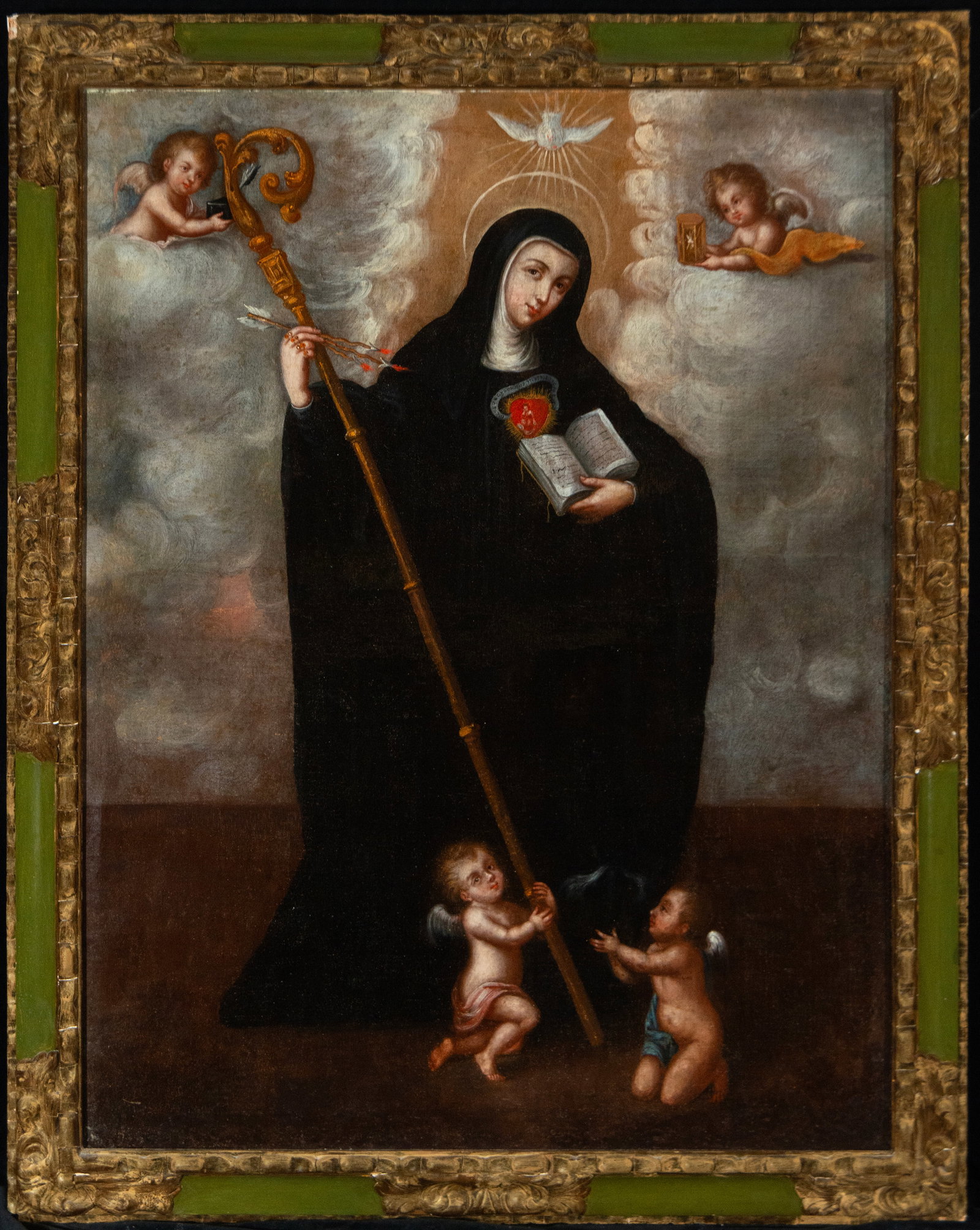 Mexican colonial school of the early 18th century: Saint Gertrude - Oil on canvas. Measurements 107 cm x 81 cm. Measurements with frame 84 cm x 78 cm.