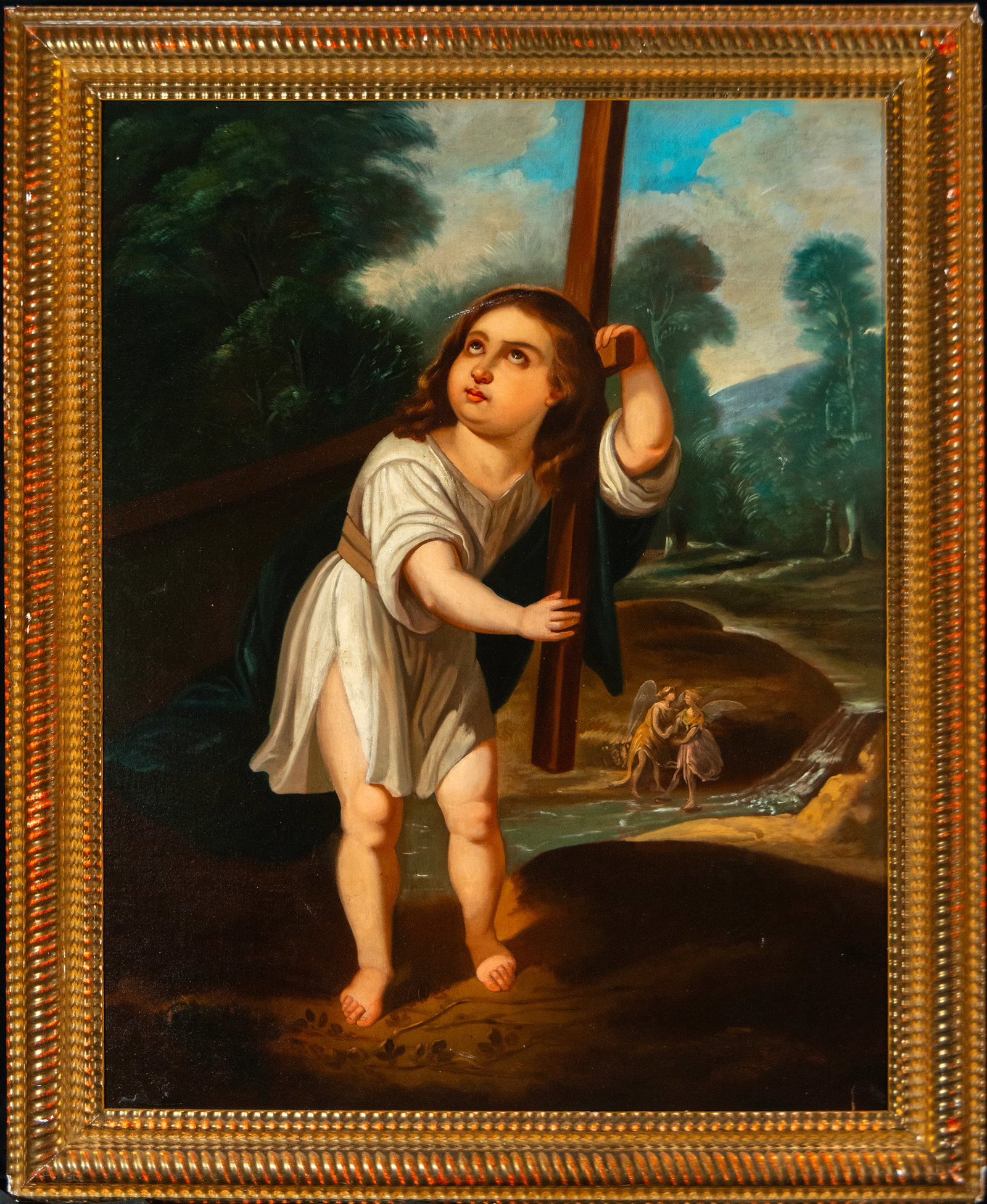 Child Jesus, in the style of José Gutiérrez de la Vega, 18th-19th centuries: Oil on canvas. Dimensions 98 cm x 79 cm. Dimensions with frame 120 cm x 96 cm. The Christ Child appears standing in the foreground, barefoot and dressed in a close-fitting white tunic, holding a large