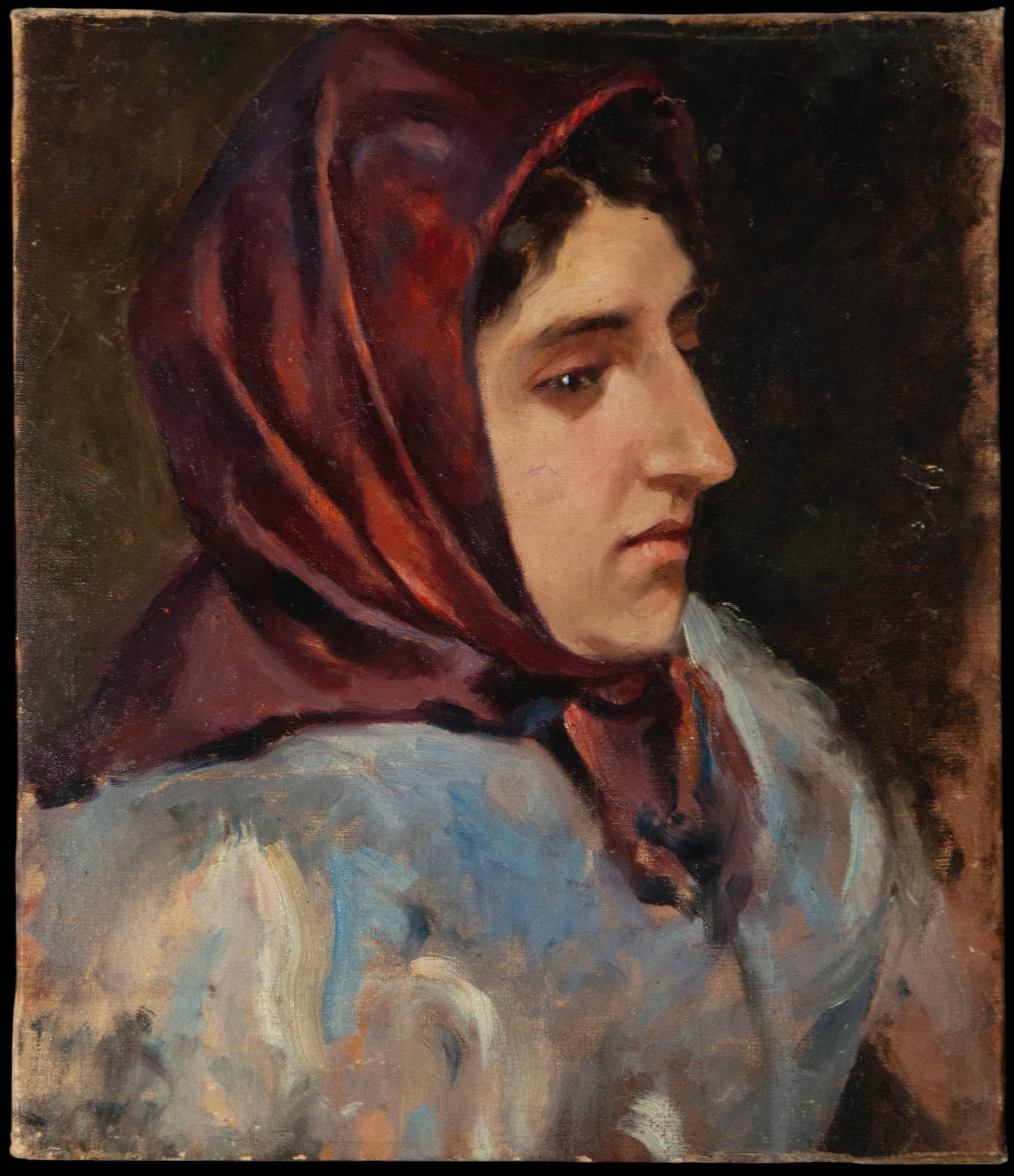 Female Portrait with Handkerchief, Signed, Spanish School, 19th Century: Oil on canvas. Measures 36 x 33 cm. Bust portrait of a woman in profile, with her head covered by a dark scarf that frames her face, serene gaze directed to the right, face modeled with soft transitio