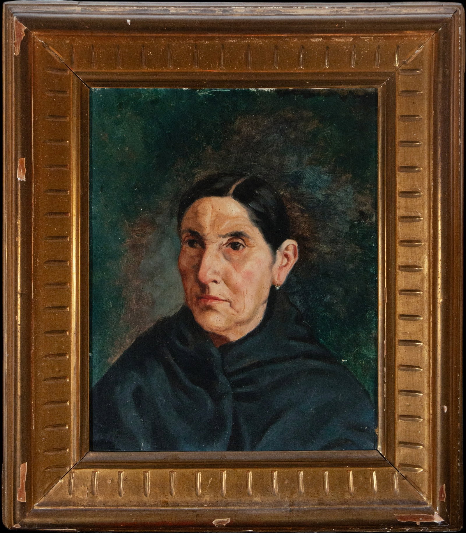 Portrait of a woman with a black shawl, Spanish School, 19th century: Oil on canvas. Measures 48 x 37 cm and 69 x 58 cm. Bust portrait of a mature woman, with a serious expression and frontal gaze, dressed in a dark shawl that wraps around her shoulders, against a neutr