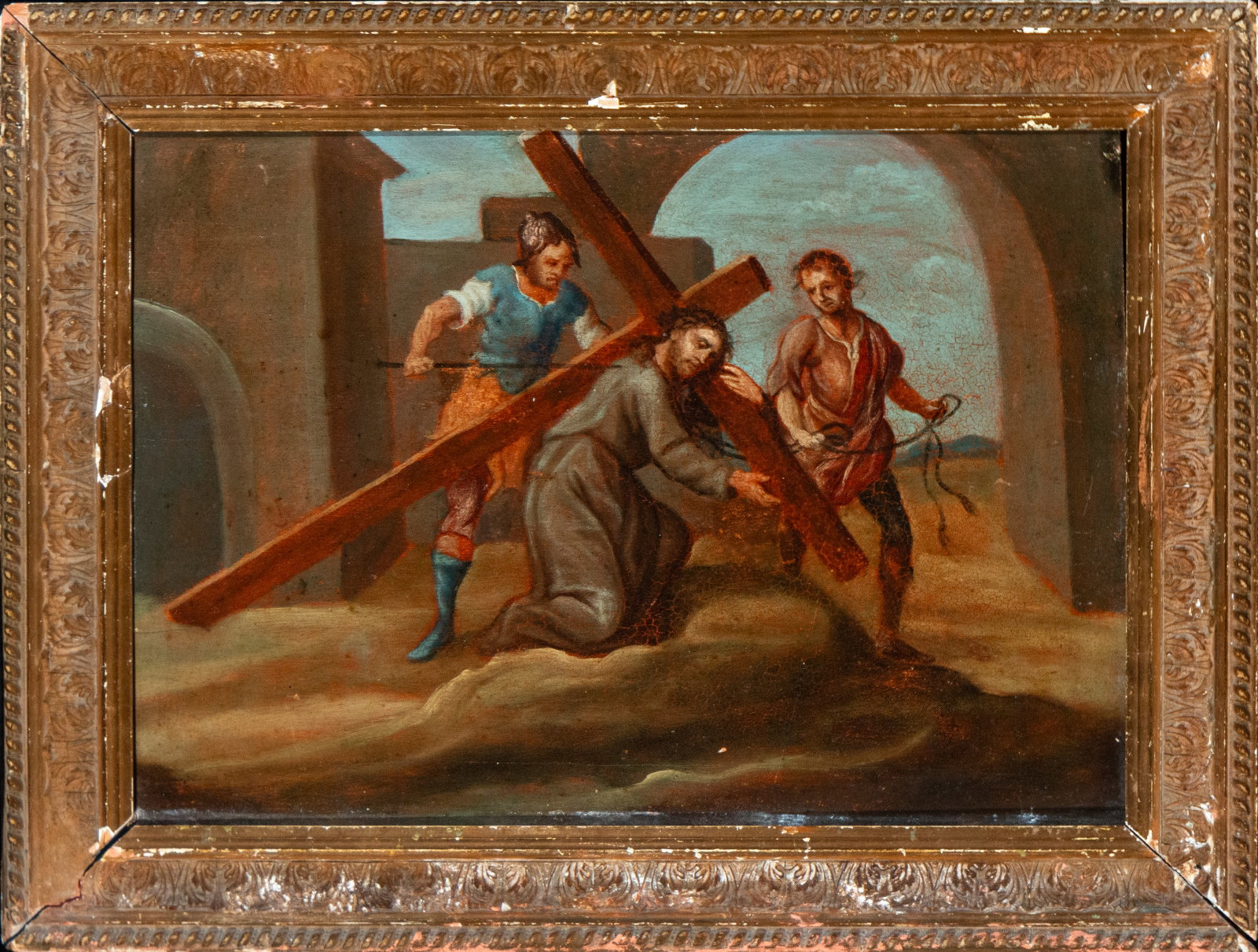 The Fall of Jesus. Baroque School, 17th Century: Oil on panel. Dimensions: 45 x 32 cm and 55 x 42 cm. This scene of profound devotional content depicts Christ, burdened by the weight of the cross, both assisted and beset by figures whose energetic g