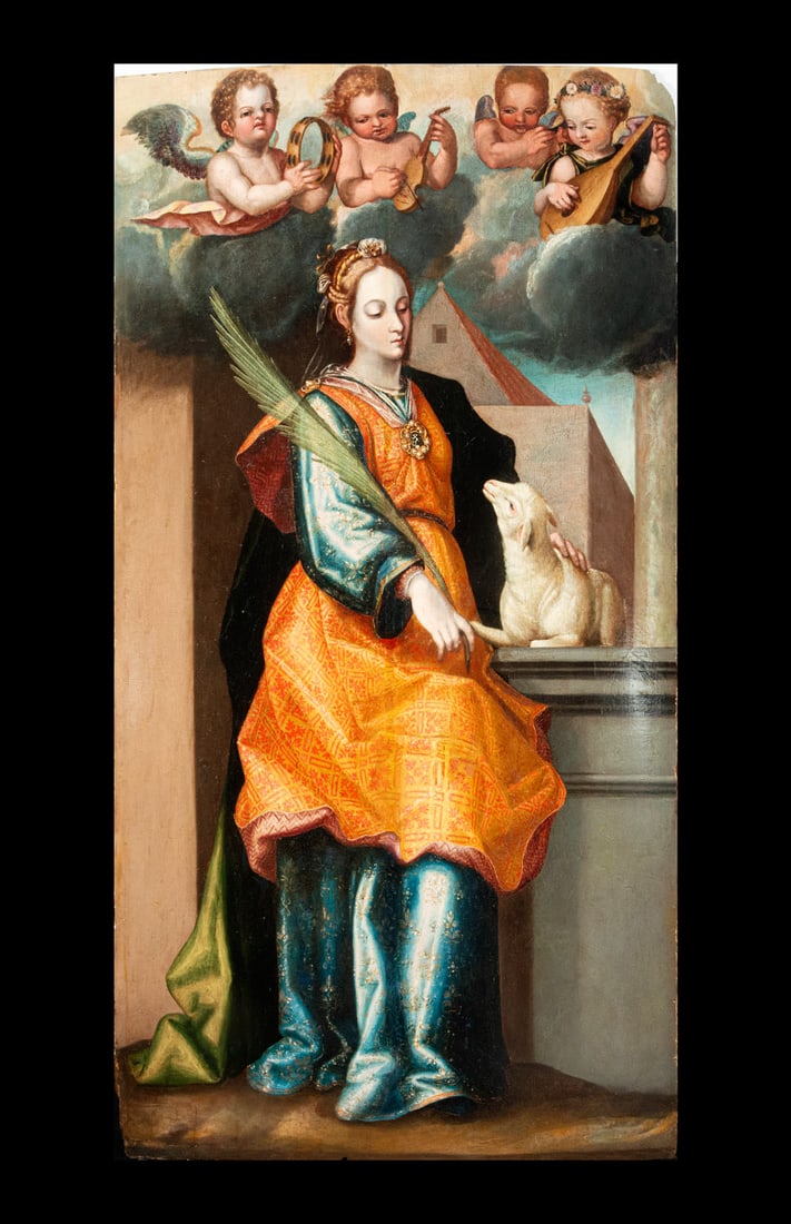 Very Important Saint Agnes in oil on panel, school of Francisco Pacheco (1564-1644), Sevillian: Large oil on panel: 140 x 75 cm, possibly for an altarpiece that connects with the models of the master of Sevillian mannerism and father-in-law of Velázquez Francisco Pacheco (1564-1644). A work of 