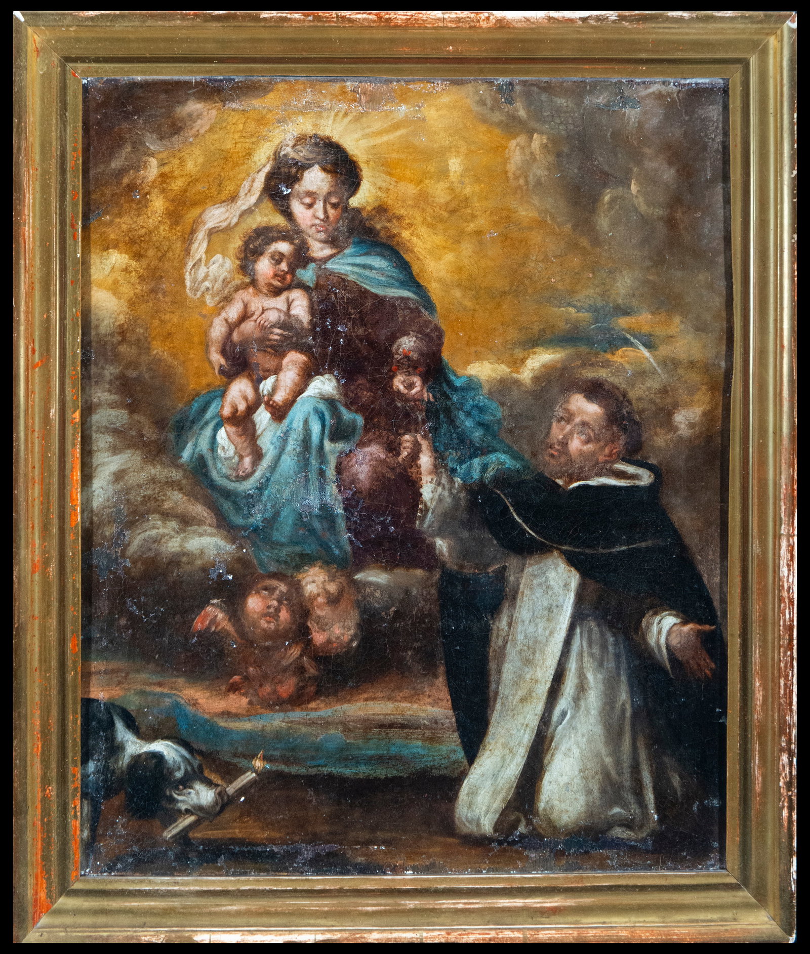 Attributed to José de Risueño y su Obrador (Granada, 1665-1732), Granada Baroque School of the: Oil on canvas depicting Saint Dominic de Guzmán receiving the Virgin and Child Jesus. Dimensions: 62 x 52 cm, framed dimensions: 72 x 60 cm. One of the most prominent Spanish painters and sculptors o