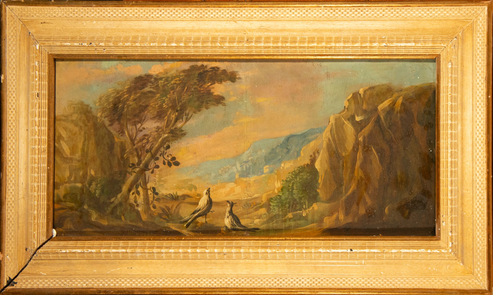 Oil painting on panel, 18th century landscape: 58 cm x 25 cm and 72 cm