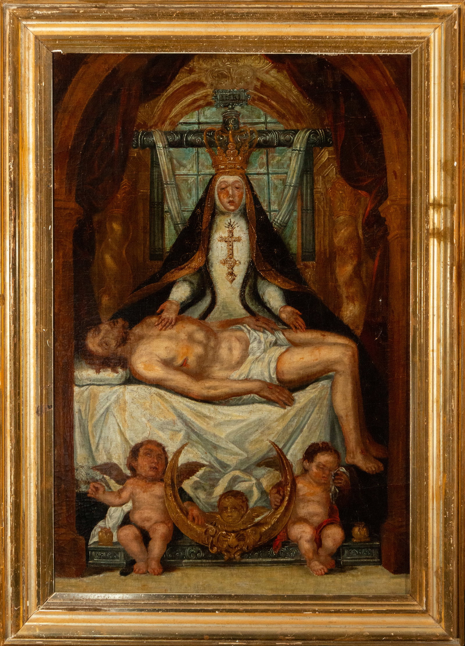Colonial oil painting on canvas The Virgin of Angustias, 17th century: 92cm x 62cm and 109cm x 78cm