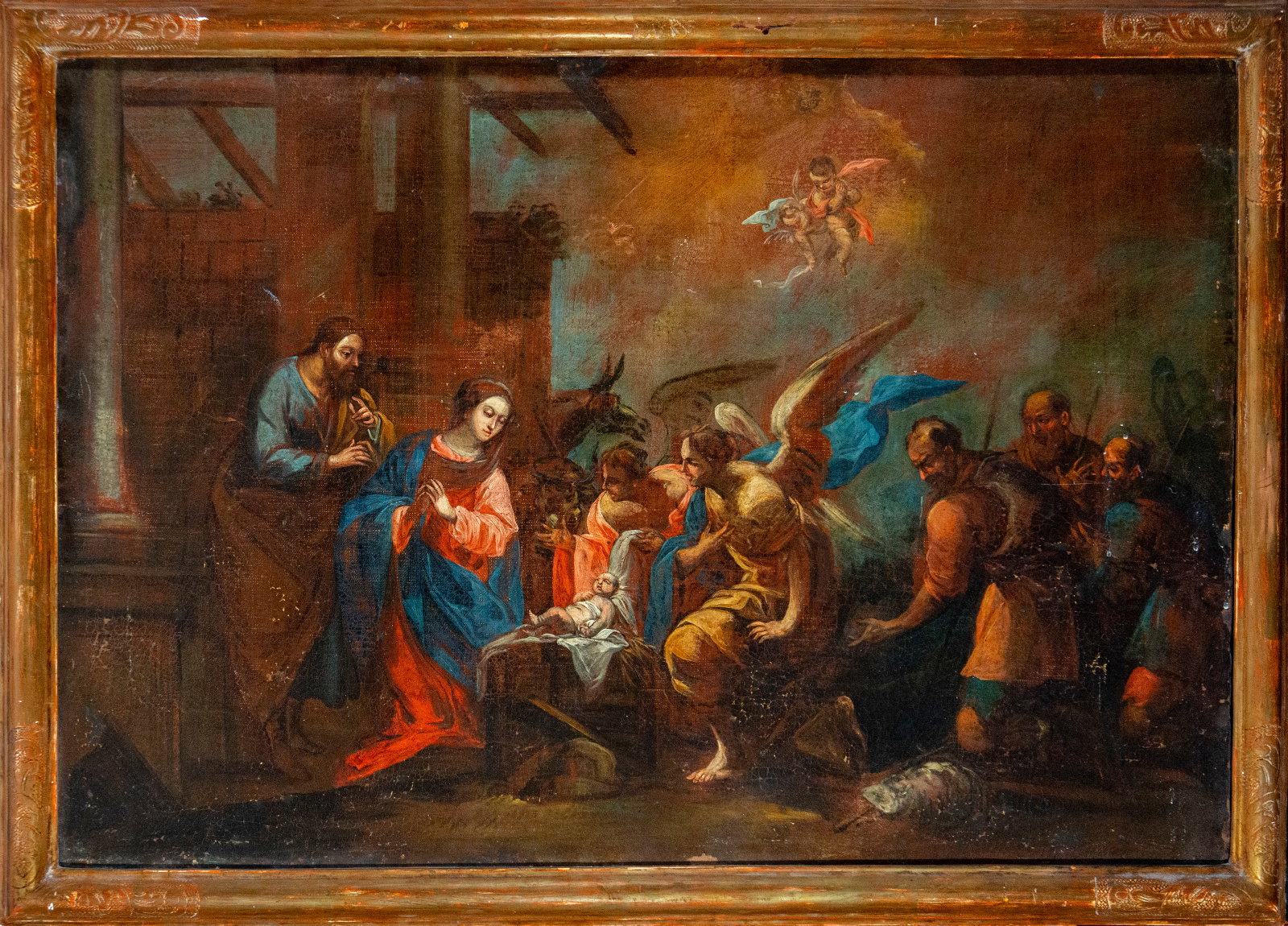 Oil painting on canvas The Nativity Adoration of the Shepherds 17th century: 101cm x 68cm and 111cm x 79cm