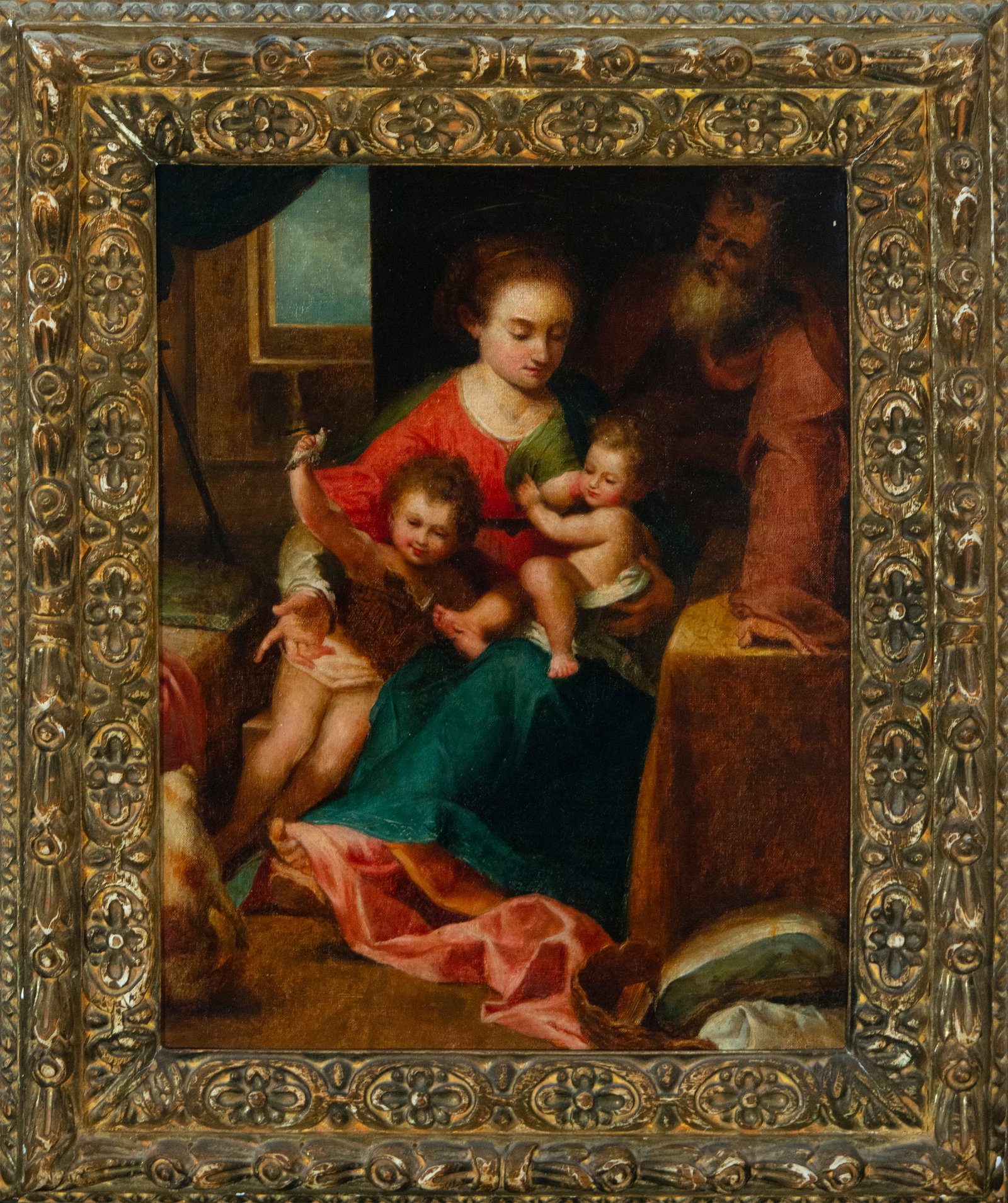Beautiful Holy Family of the Little Bird Italian Sculpture by Federico Barocco, 18th century, oil on: 50.5 x 40 cm.. 68 x 57 cm. (frame)