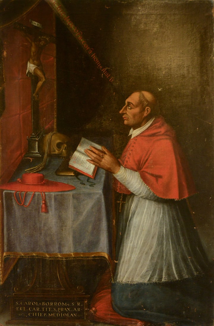 Saint Charles Borromeo receiving Caritas, Colonial School of New Spain of the Baltasar de Echave,: 164.5 x 103.5 x 2 cm.