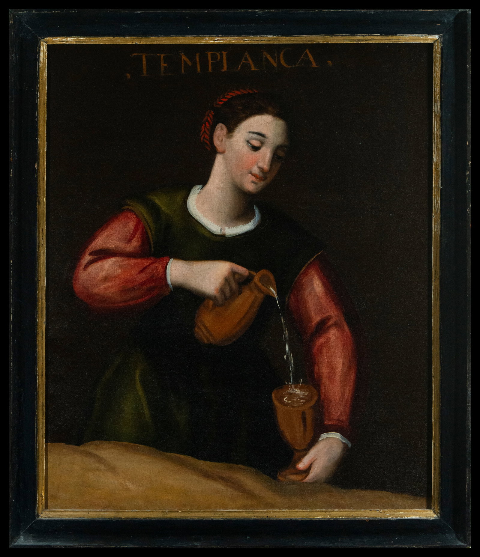 17th Century Italian School - Allegory of Temperance: Dimensions: 110 × 93 cm. Oil on canvas. Allegory of Temperance, in which a female figure pours water from a jug into a glass, a symbol of control and moderation. The painting shows a fine use of chia