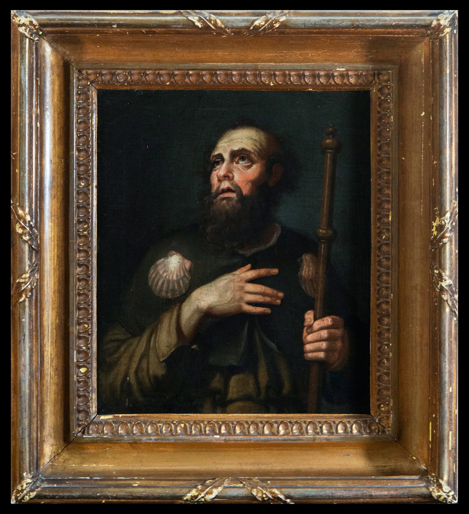 Neapolitan School of the 17th Century - Portrait of the Apostle Santiago: Dimensions: 43 × 39 cm. Oil on canvas. Portrait of the Apostle James, belonging to the Neapolitan School of the 17th century. The central figure shows the saint in an attitude of prayer, holding the 