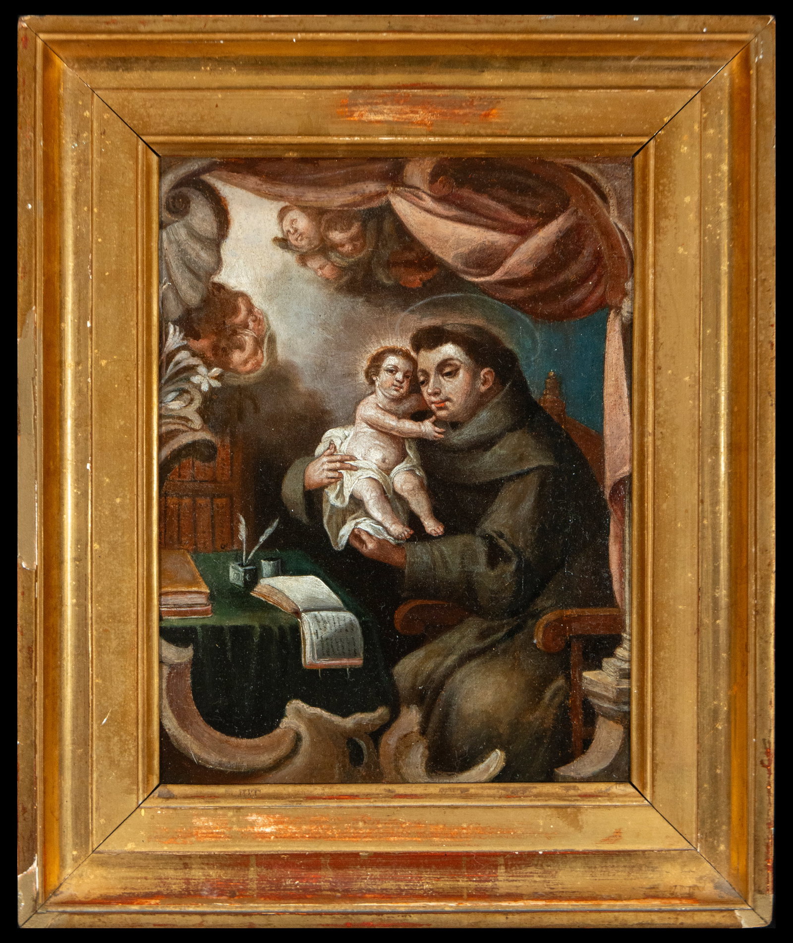 Saint Anthony with the Child Jesus - 17th century: Oil on canvas, measurements: 36 x 30 cm, total, with frame. An oil painting showing Saint Anthony of Padua holding the Baby Jesus. The attention to detail in the expressions and clothing of the saint 
