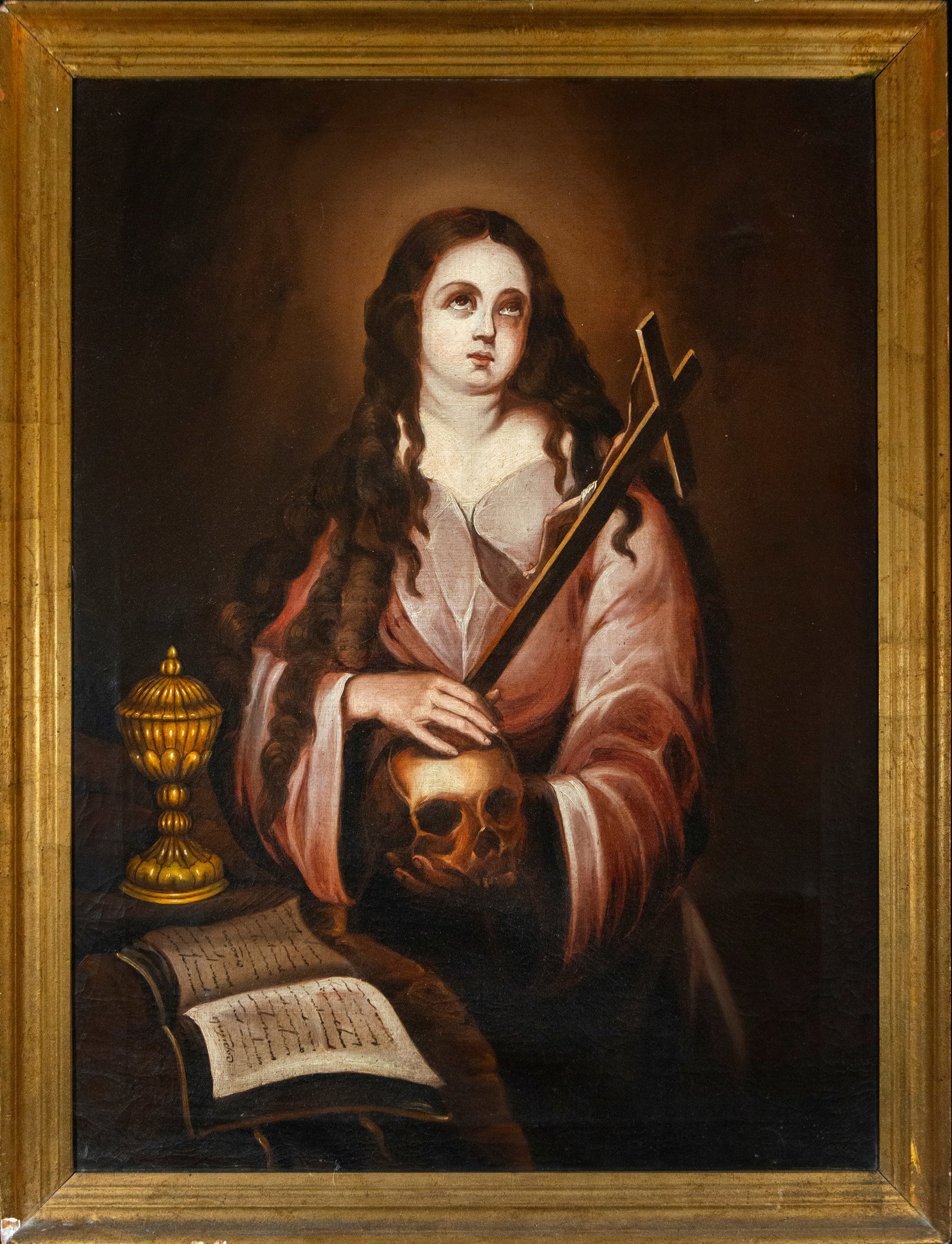 Saint Mary Magdalene - 17th century - Siena, Italy: Oil on, measurements: 90 x 70 cm, total, with frame. This work represents Saint Mary Magdalene with a skull and a book, symbols of penitence and contemplation. Painted in oil, the composition and dark