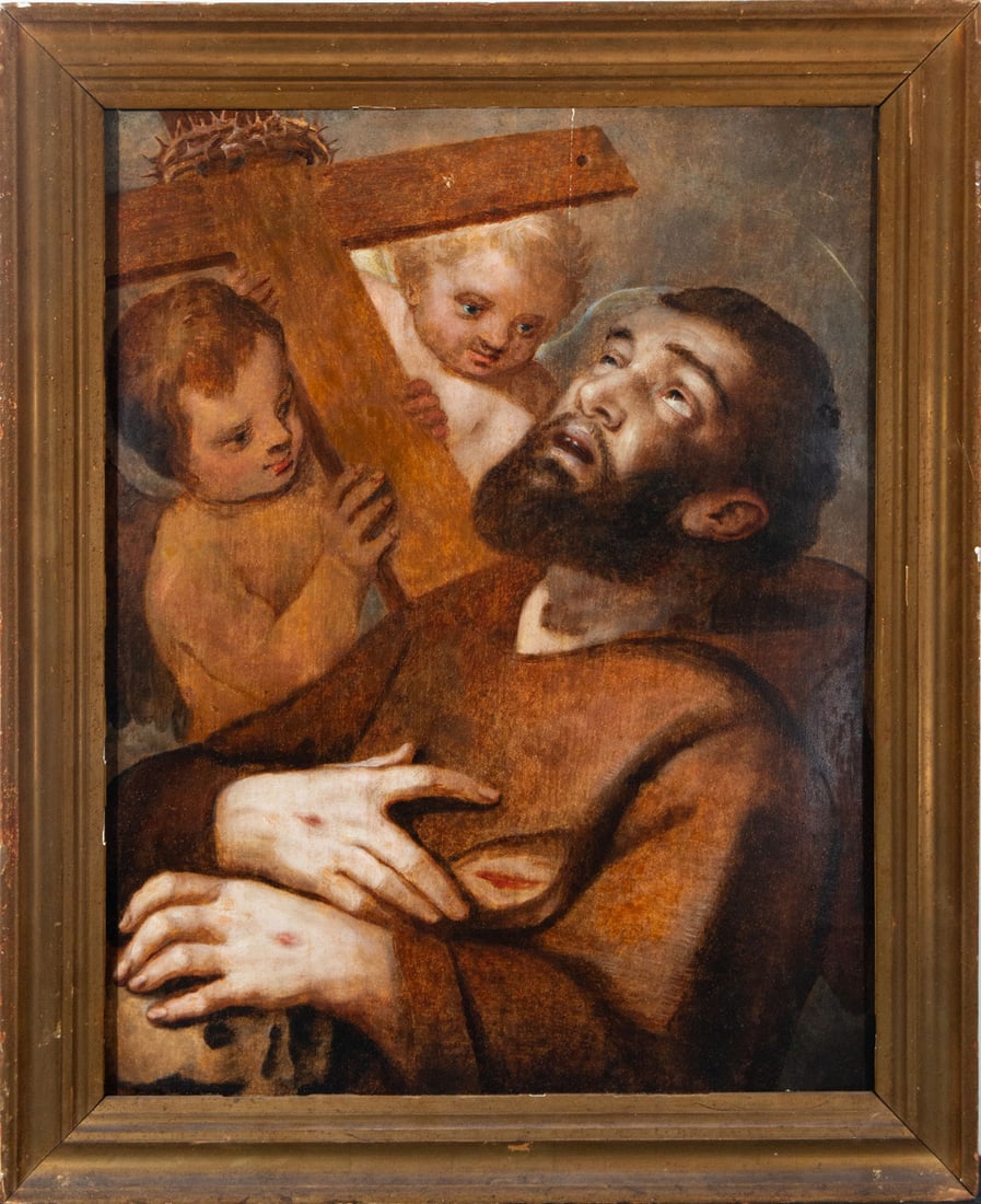 Saint Francis receiving the Stigmata, 17th century Roman or Lombard school: Oil on board, framed measurements: 75 x 61 cm, board measurements: 65 x 51 cm