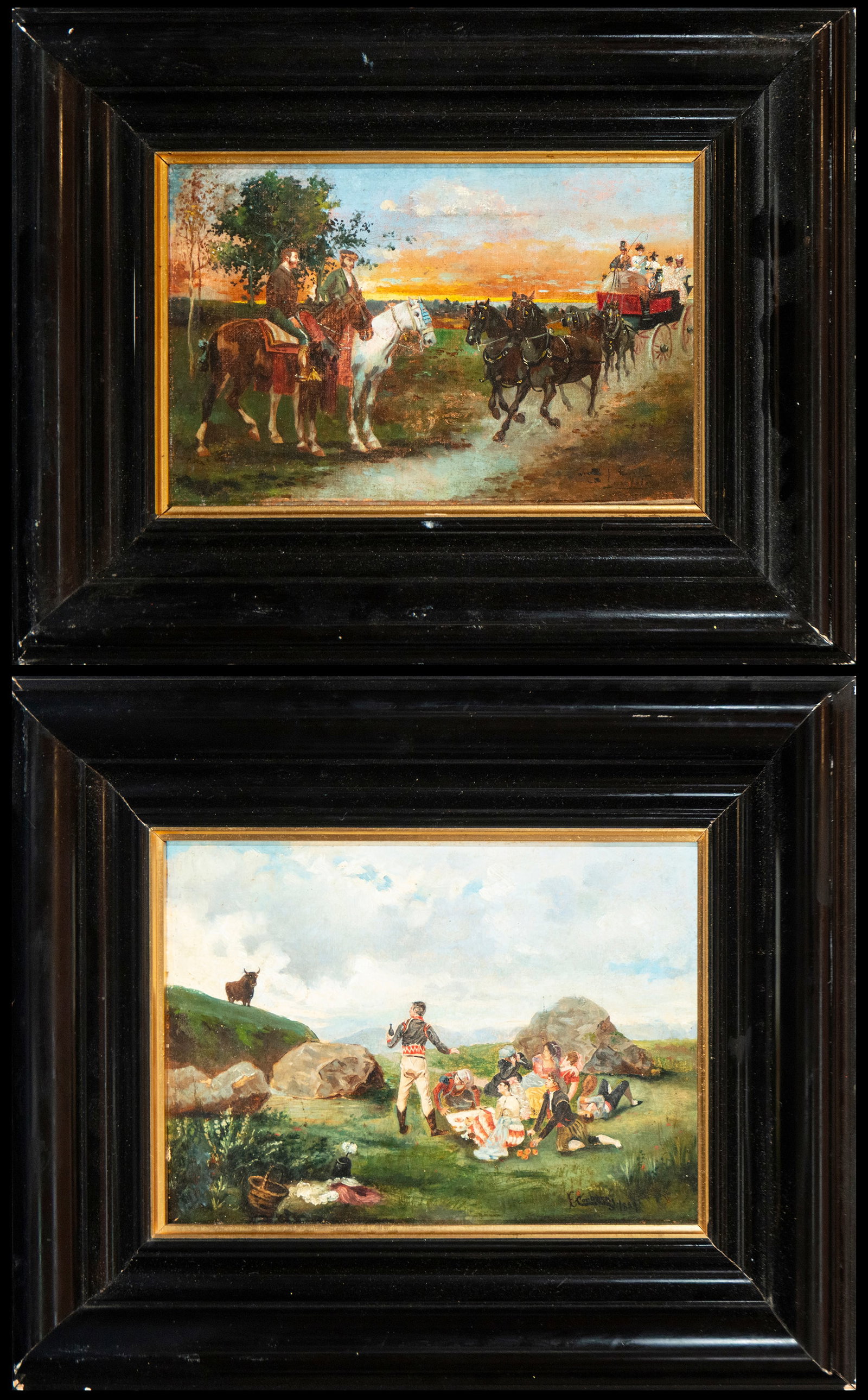 Popular outdoor scenes. Signed Conberry 1889. European genre painting. 19th century: Oil on canvas. Measures 23 x 33 cm. Pair of small compositions with figures dressed in traditional clothing gathered in an open landscape. The scenes combine festive and narrative elements with meticu