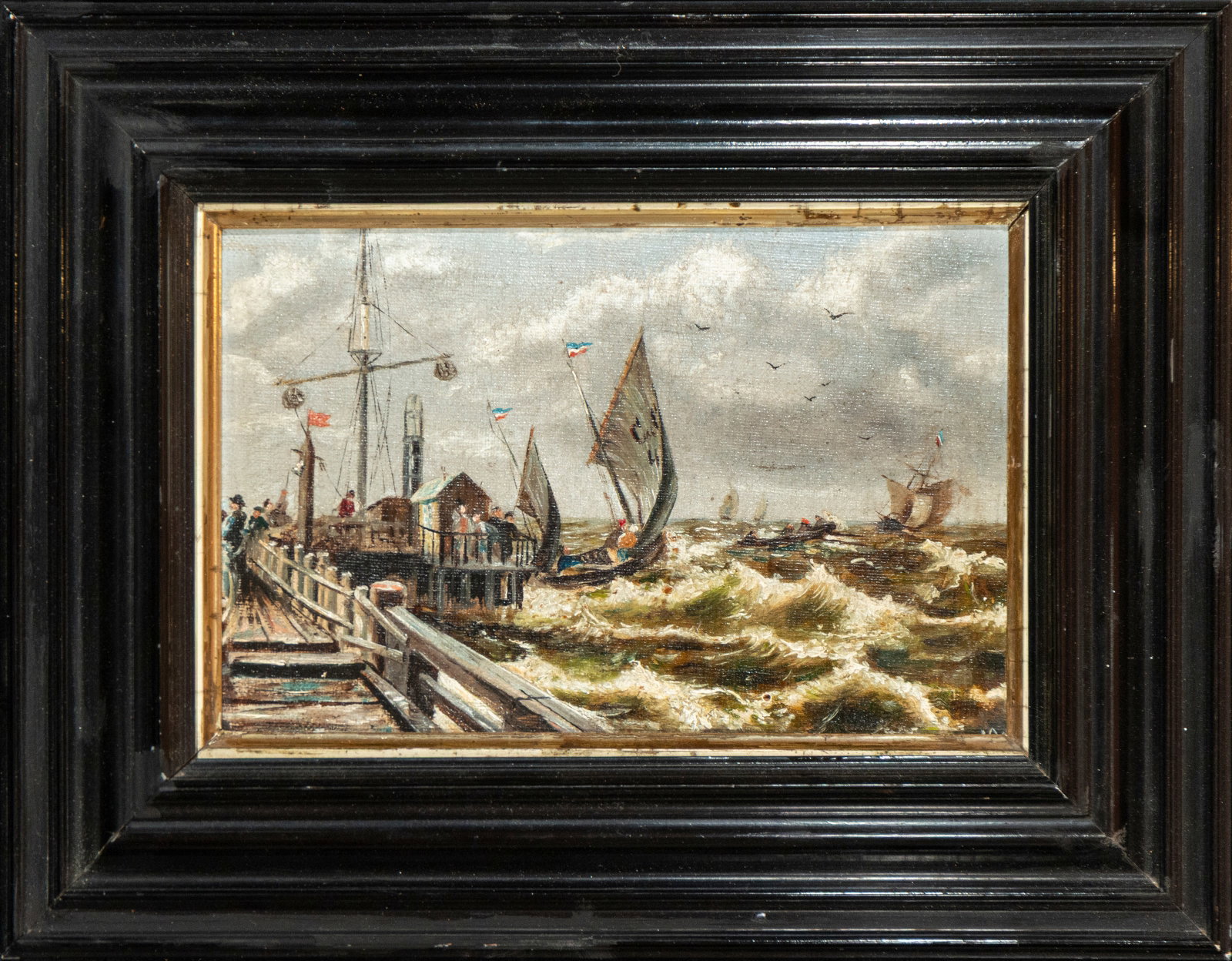 Port with boats. European school. Signed - 19th century: Oil on canvas. Measures 16 x 23 cm. A lively harbor view with various boats navigating choppy waters under a cloudy sky. The composition gives special prominence to the movement of the sea and atmosph