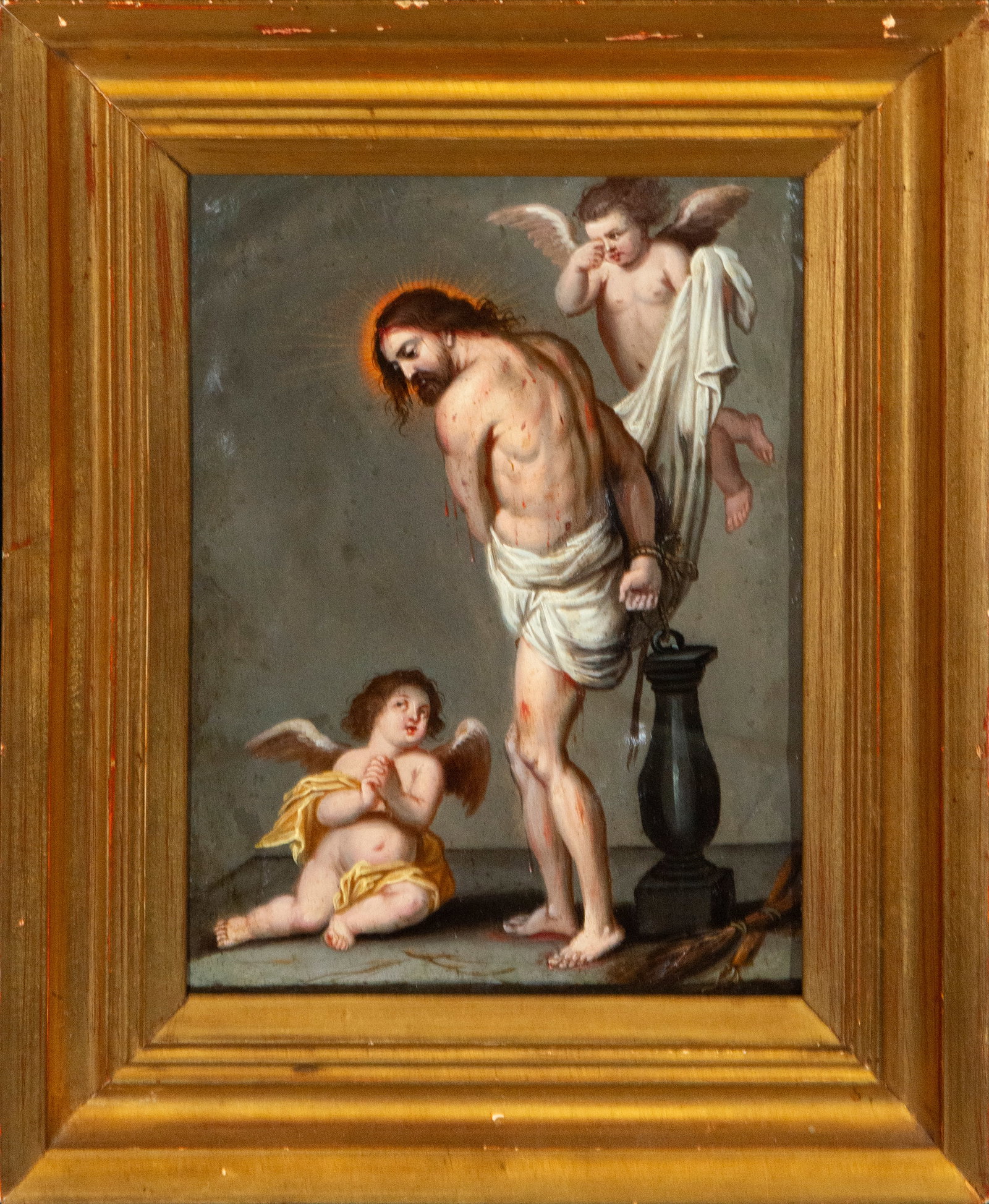 Christ bound to the column on copper, Flemish, Antwerp, 17th century: Oil on copper. Measurements 25 x 18 cm; with frame 32 x 25 cm.