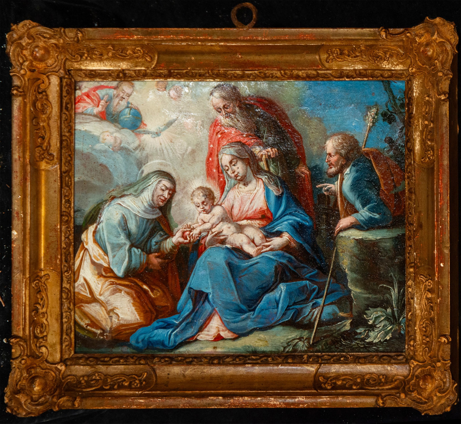 Holy Family with Saint Anne and Saint Joachim, Italian or Spanish master, 18th century: Oil on copper. Measurements 27 x 19 cm; with frame 32 x 28 cm.