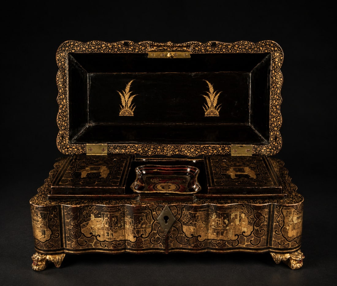 Exquisite 19th-century Chinese or Philippine game box for the Spanish market: For Spanish deck, finely enamelled in gold lacquer and polychrome. Measurements: 32 x 17 cm. Provenance: private collection, Barcelona.