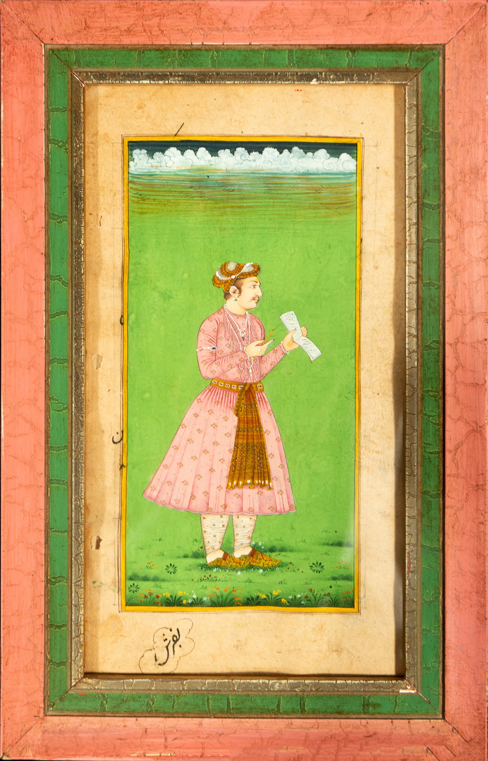 Ink and watercolor drawing Mughal colonial India man with letter: 22 cm x 12 cm and 28 cm x 18 cm
