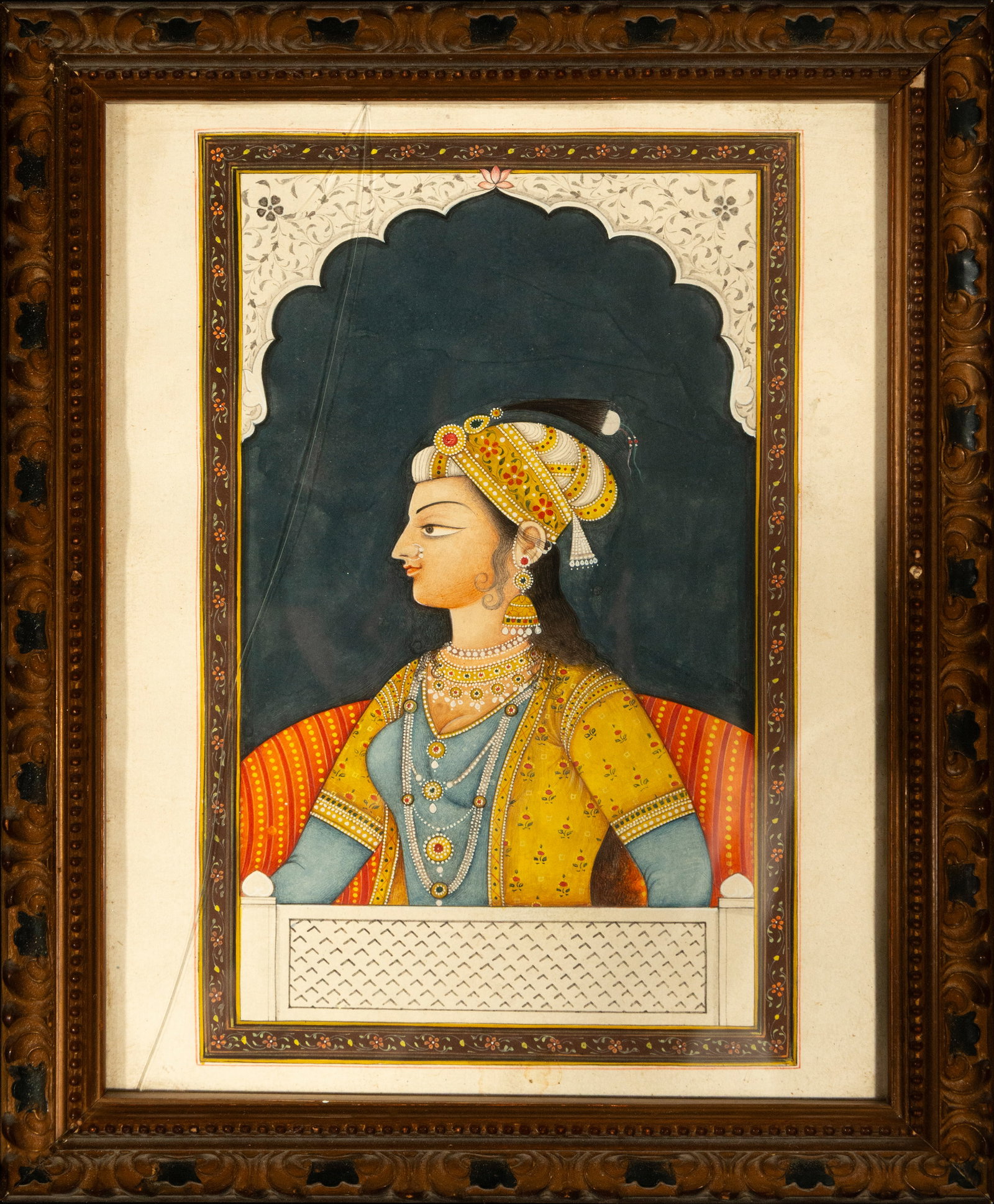 Ink and watercolor drawing Mughal colonial India character in window: 24 cm x 18 cm and 30 cm