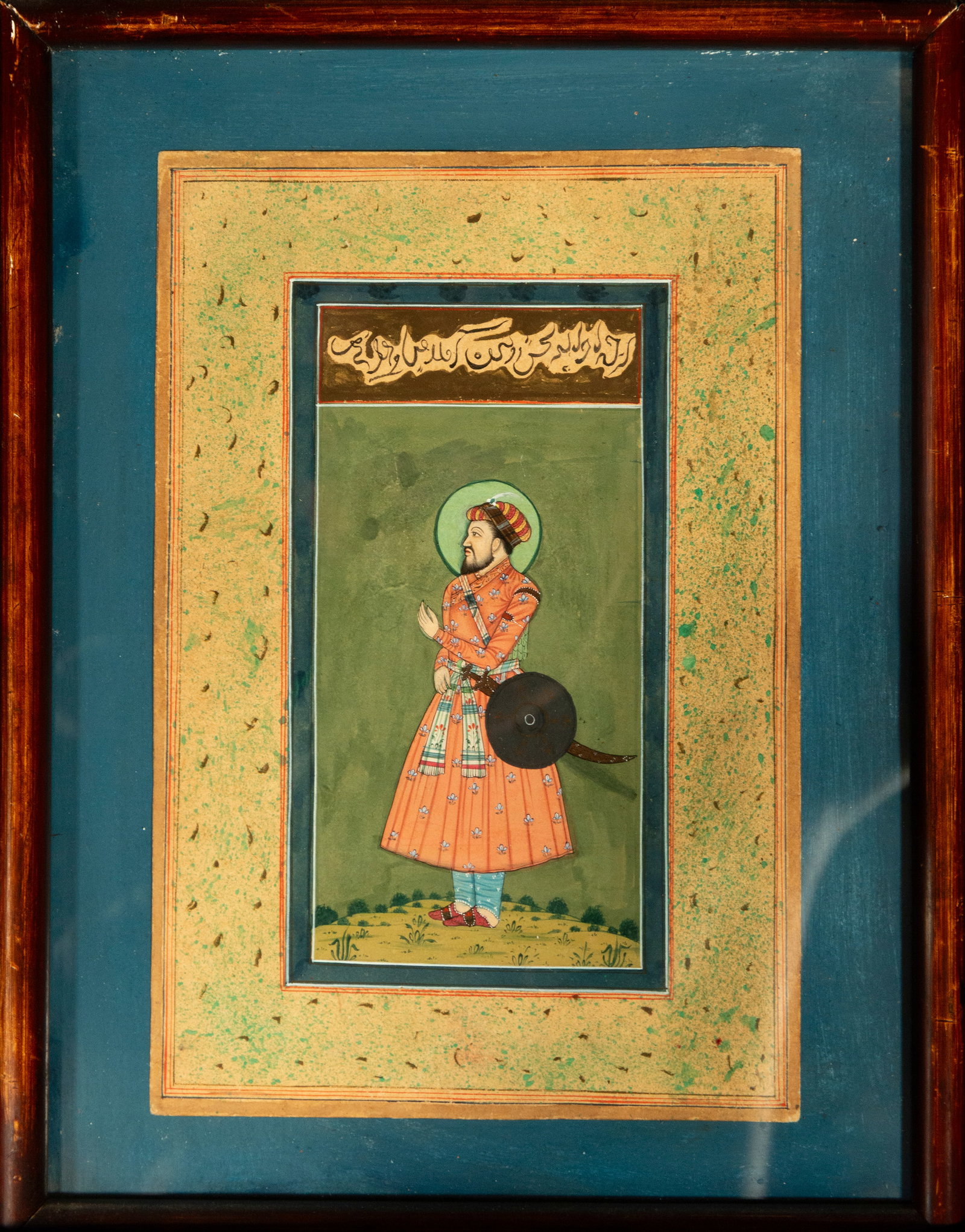 Ink and watercolor drawing of a Mughal colonial Indian warrior with sword and shield (1 of 4)