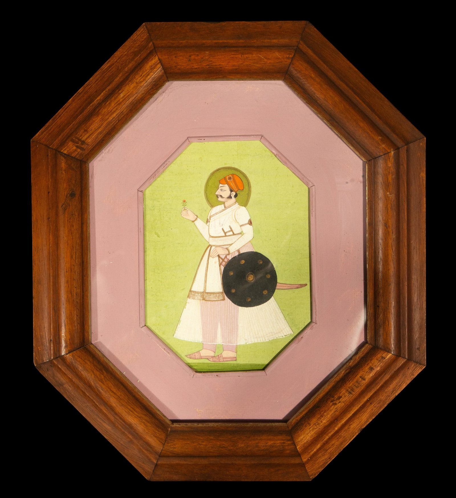 Ink and watercolor drawing of Mughal colonial India octagonal character with shield: 18 cm x 13 cm and 35 cm x 30 cm