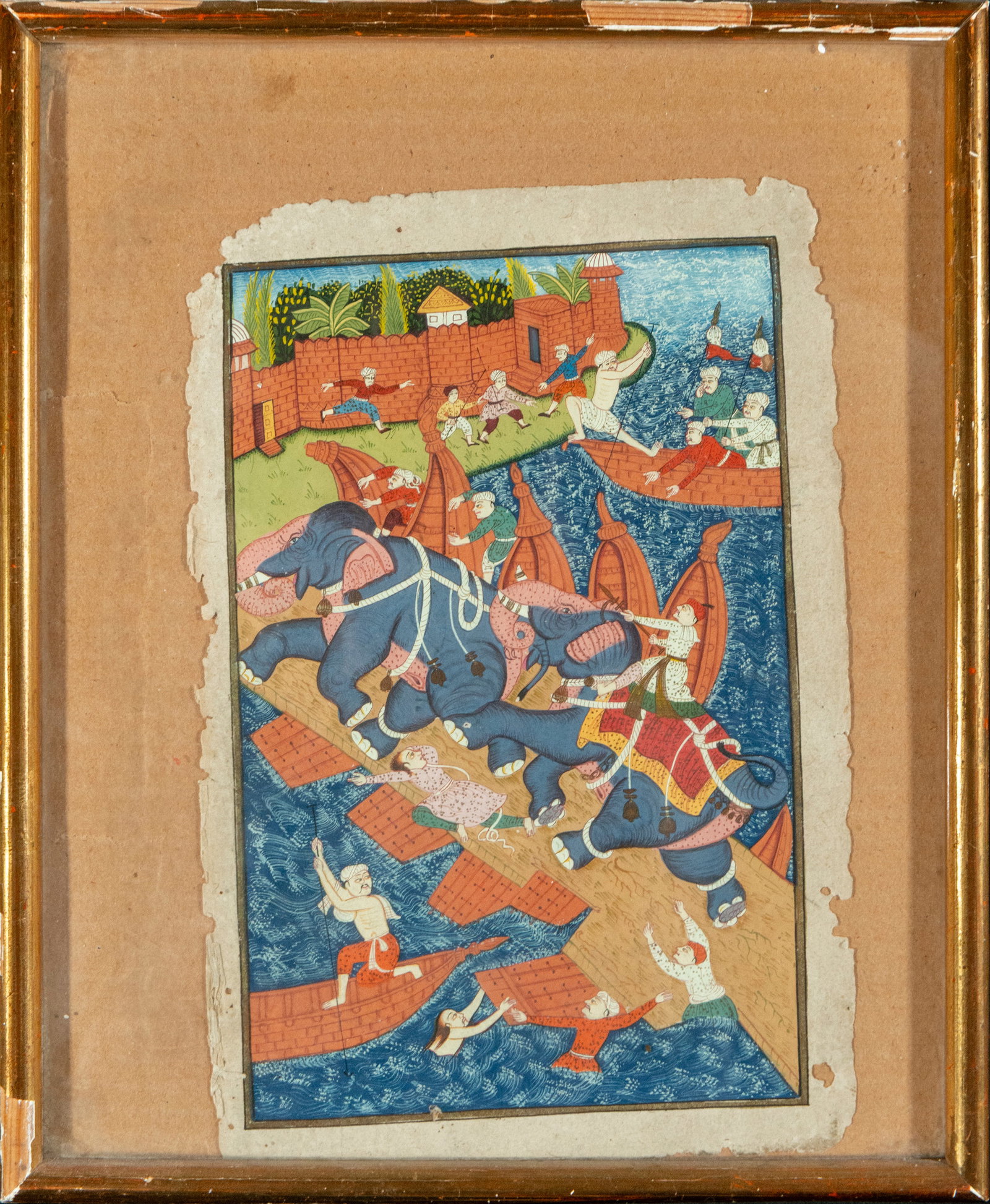 Colonial Indian Mughal ink and watercolor drawing of stampeding elephants: 27 cm x 17 cm and 33 cm x 27 cm