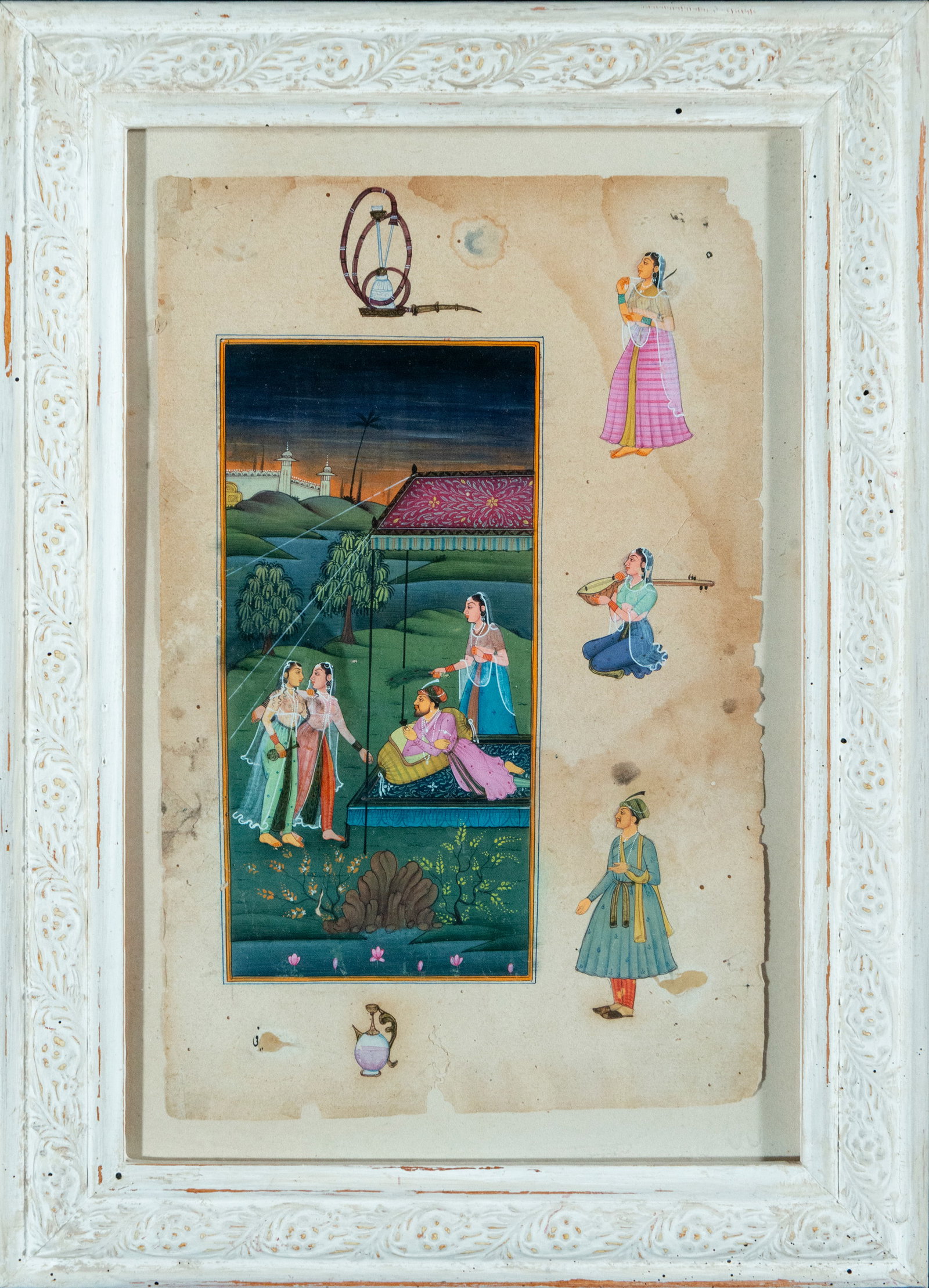 Colonial Indian Mughal ink and watercolor drawing of characters in tent in countryside: 27 cm x 16 cm and 35 cm x 26 cm