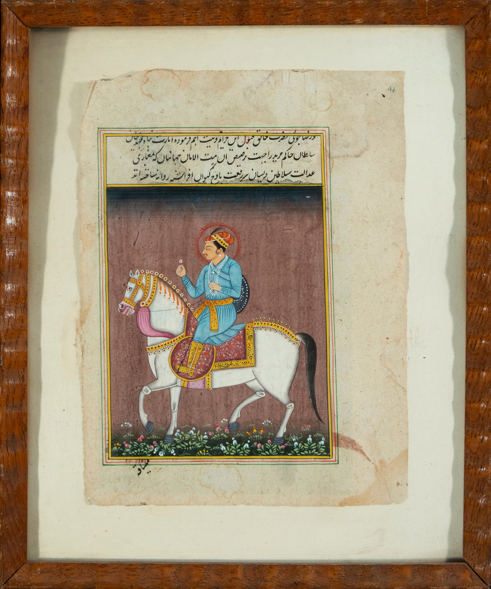 Colonial Indian Mughal ink and watercolor drawing of a character on horseback: 21 cm x 15 cm and 29 cm x 24 cm