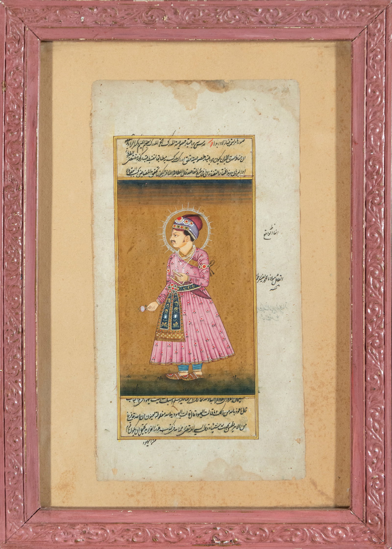 Colonial Indian Mughal ink and watercolor drawing of a character with a flower: 24 cm x 14 cm and 33 cm x 23 cm