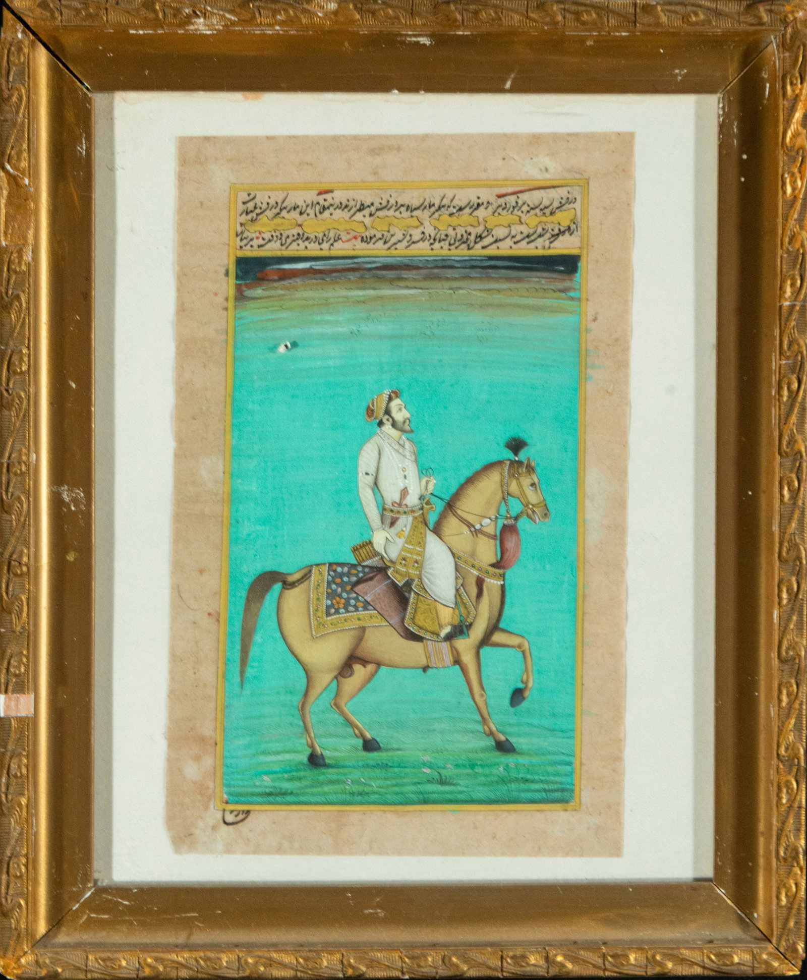 Colonial Indian Mughal ink and watercolor drawing of a character on horseback: 22 cm x 13 cm and 29 cm x 24 cm