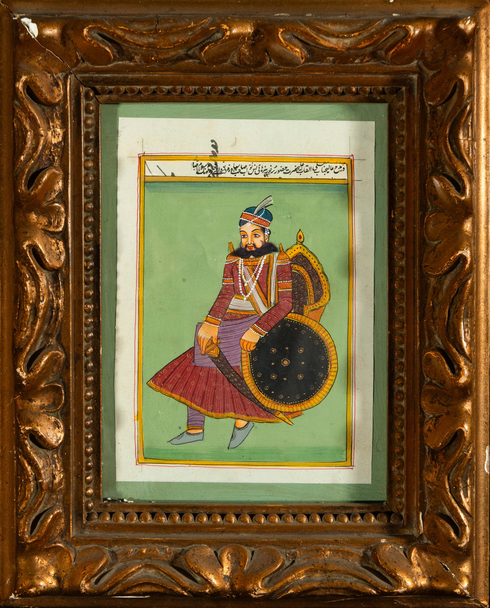Colonial Indian Mughal ink and watercolor drawing of the warrior's repose: 22 cm x 14 cm and 35 cm x 28 cm