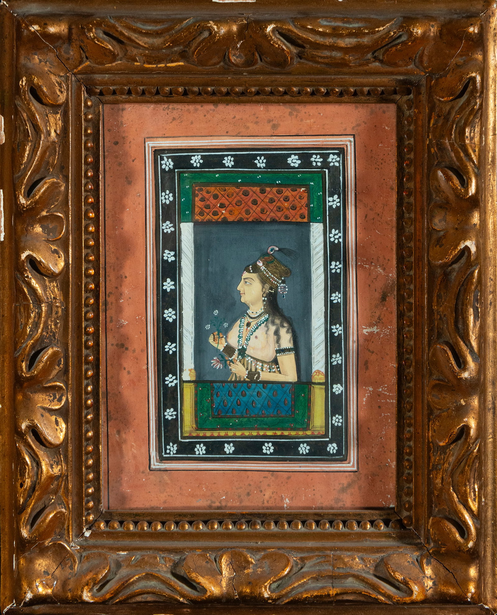 Colonial Indian Mughal ink and watercolor drawing of woman at window: 20 cm x 12 cm and 35 cm x 28 cm