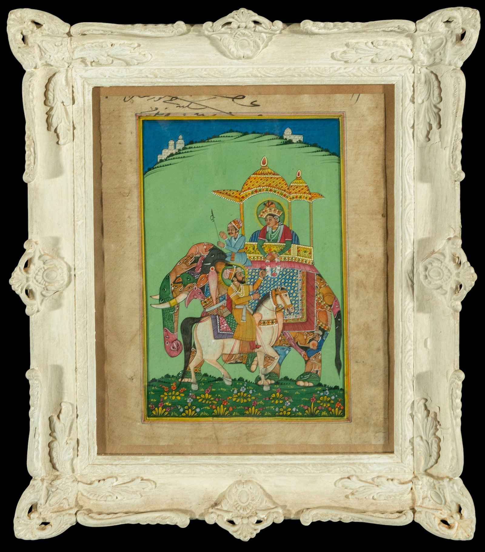 Colonial Indian Mughal ink and watercolor drawing of a character riding an elephant: 28 cm x 21 cm and 39 cm x 35 cm