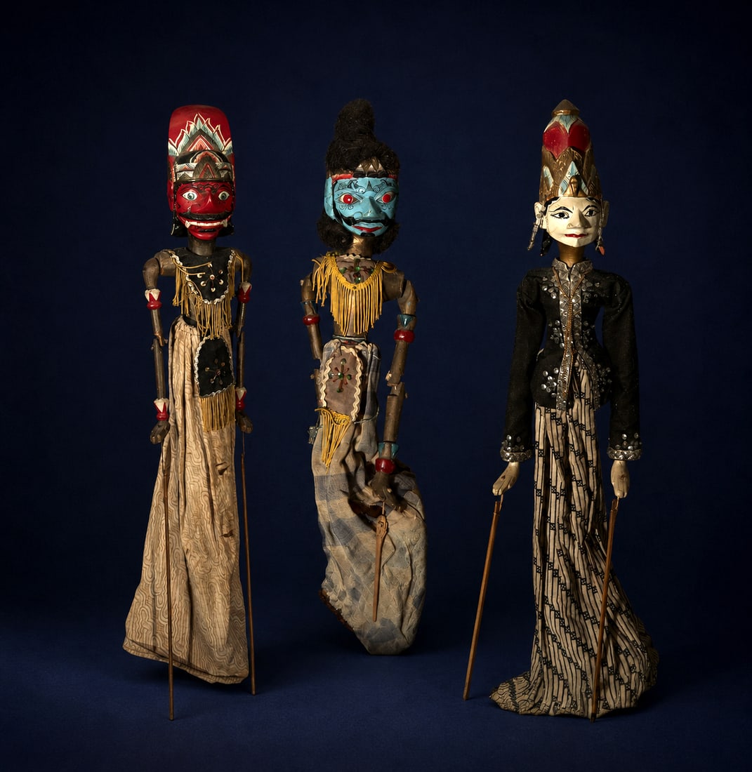 Rare Lot of 3 Java Indonesia Puppets with Natural Hair: Each one measures 80 cm high. One of them has natural hair.