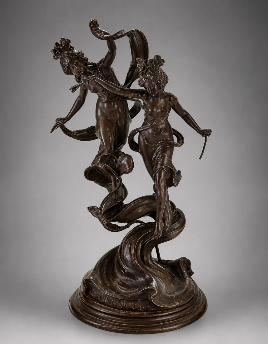 La danse des nymphes, Bronze - French School, 20th Century: Patinated calamine. Dimensions: 46 x 25 x 25.5 cm. A sculptural group of striking dynamism composed of two nude female figures in a dancing pose, elevated on a sinuous base of undulating forms that ev