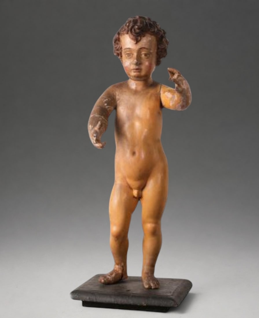 Andalusian School of the 18th Century - Child Jesus: Carved and polychromed wood. Dimensions: 54.5 x 21 x 19.5 cm. This sculpture depicts the Christ Child standing, following a devotional style widely used in Spanish religious imagery of the 17th and 18