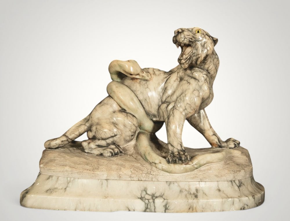 ACCORDING TO ANTON LOUIS BARYE – TIGER AND SNAKE IN ALABASTER, 19TH CENTURY (1 of 7)