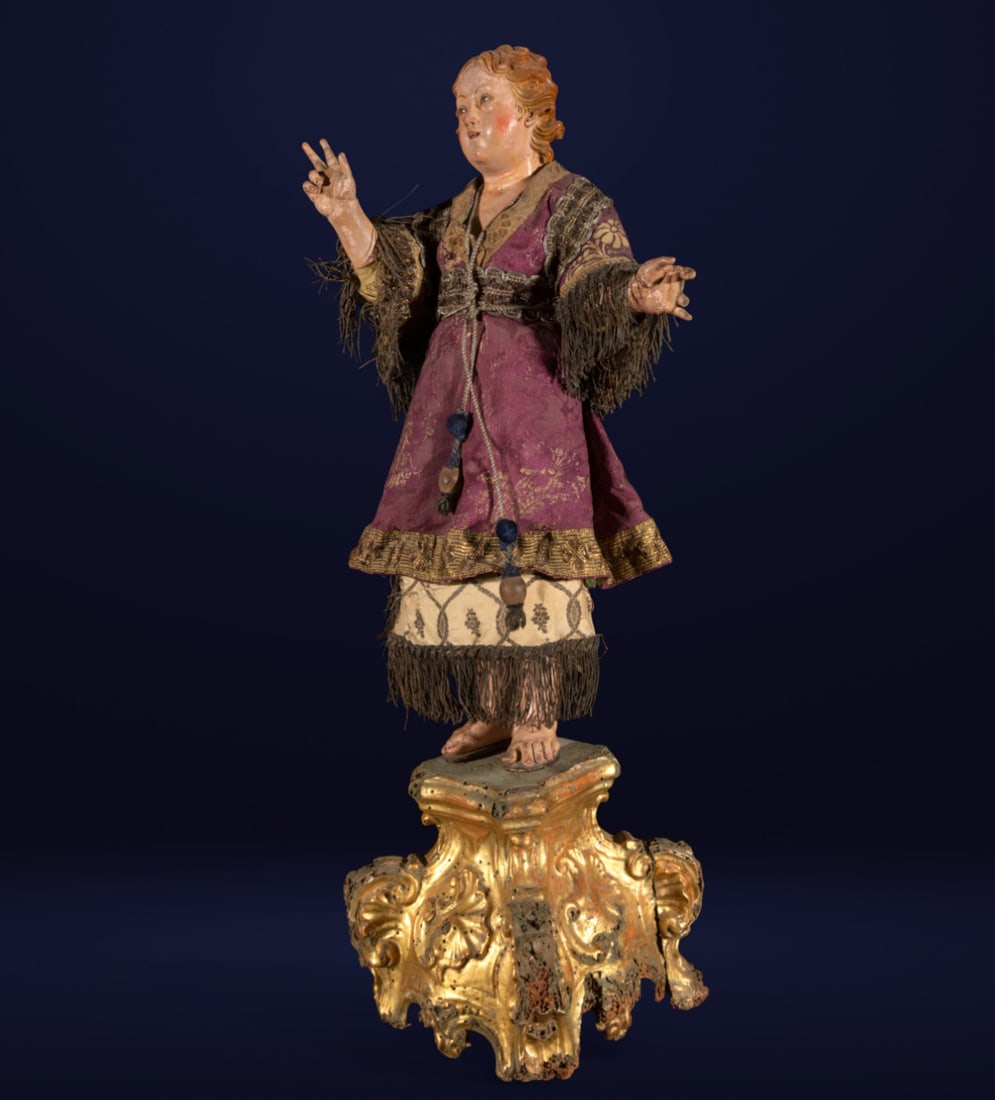18th century wood carving of a Neapolitan boy: Wood. Measurements: 63 cm x 31 cm x 20 cm