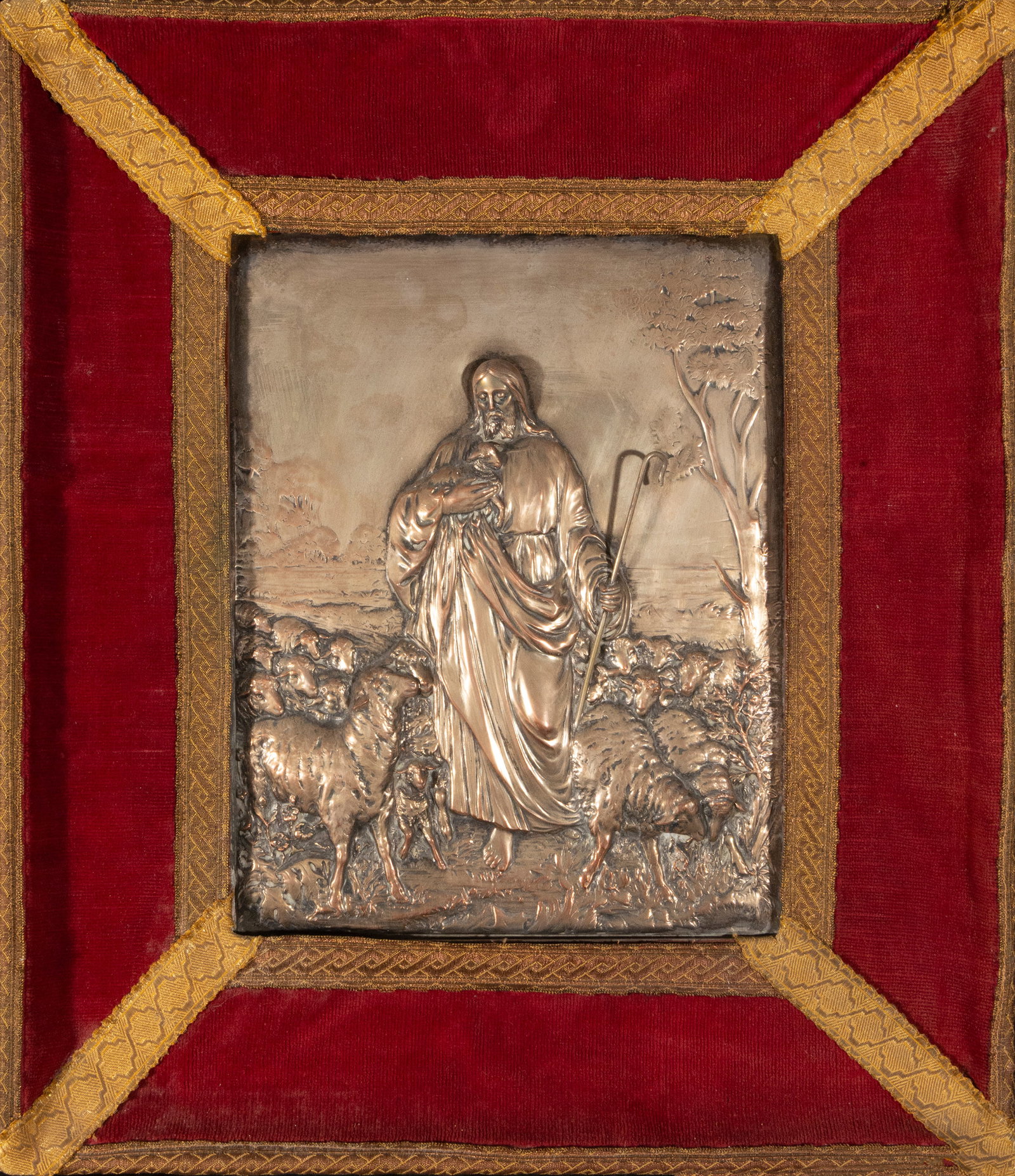 Copper plate relief of The Good Shepherd, early 20th century: Copper. Measurements: 34 cm x 26 cm, total 55 cm x 47 cm