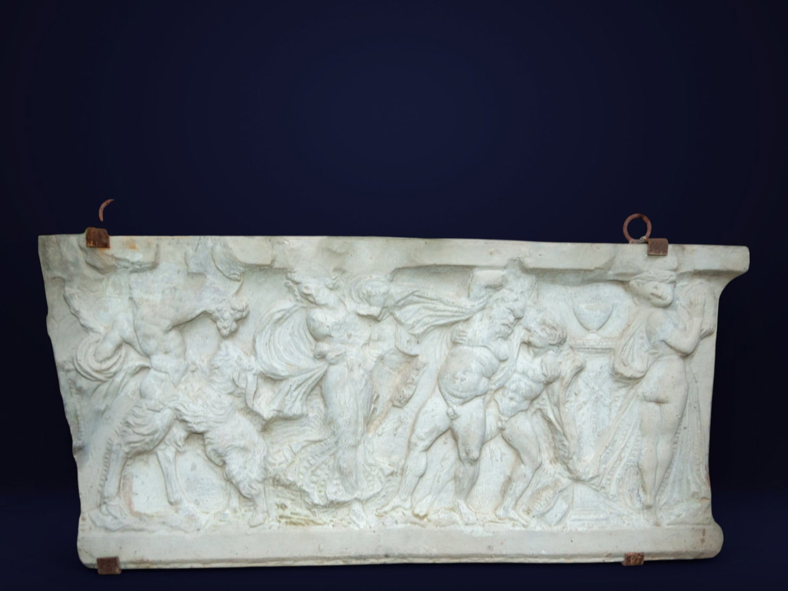 Plaster sculpture with children, 20th century: And so. Measurements: 47 cm x 96 cm x 3 cm