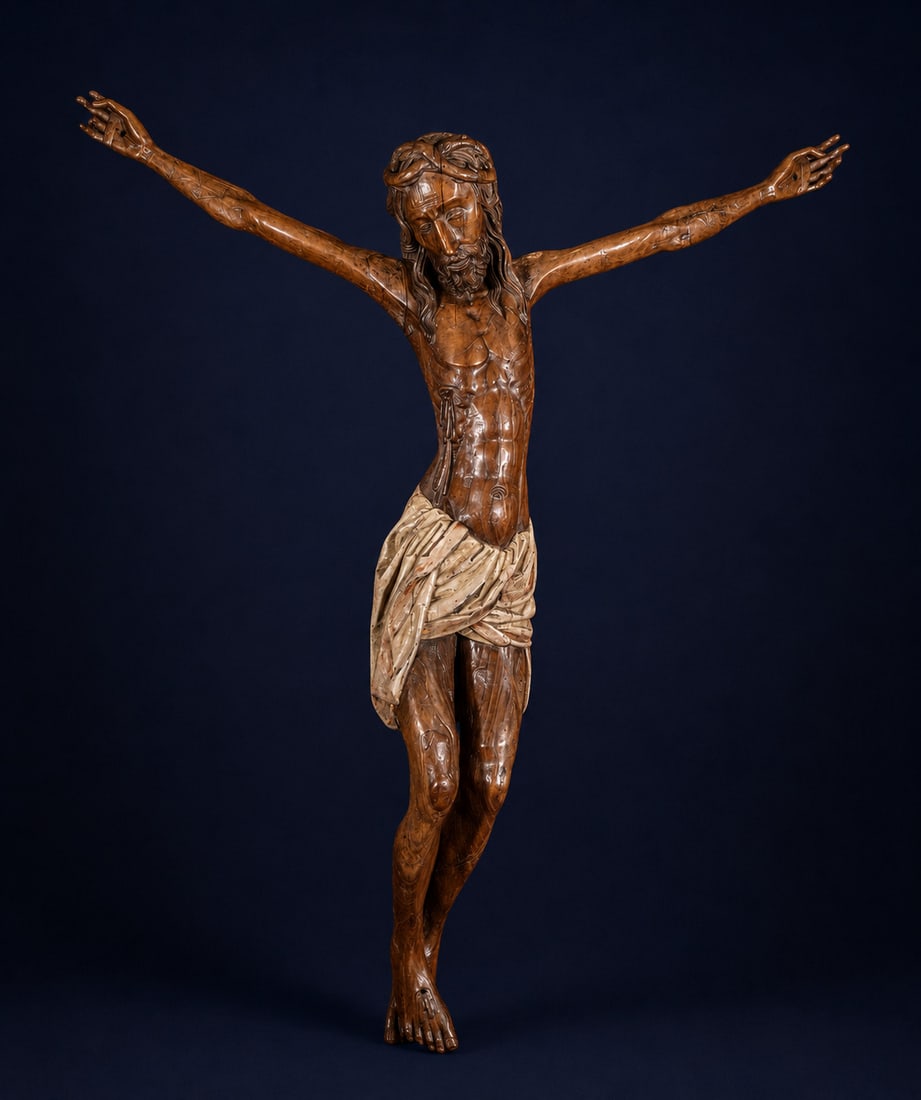 Sculpture carved from linden wood. Christ. 15th century, possibly German.: Carved in linden wood with traces of polychromy. Measurements to be confirmed. An exceptional sculpture of Christ Crucified, belonging to the late Gothic German tradition of the 15th century, original