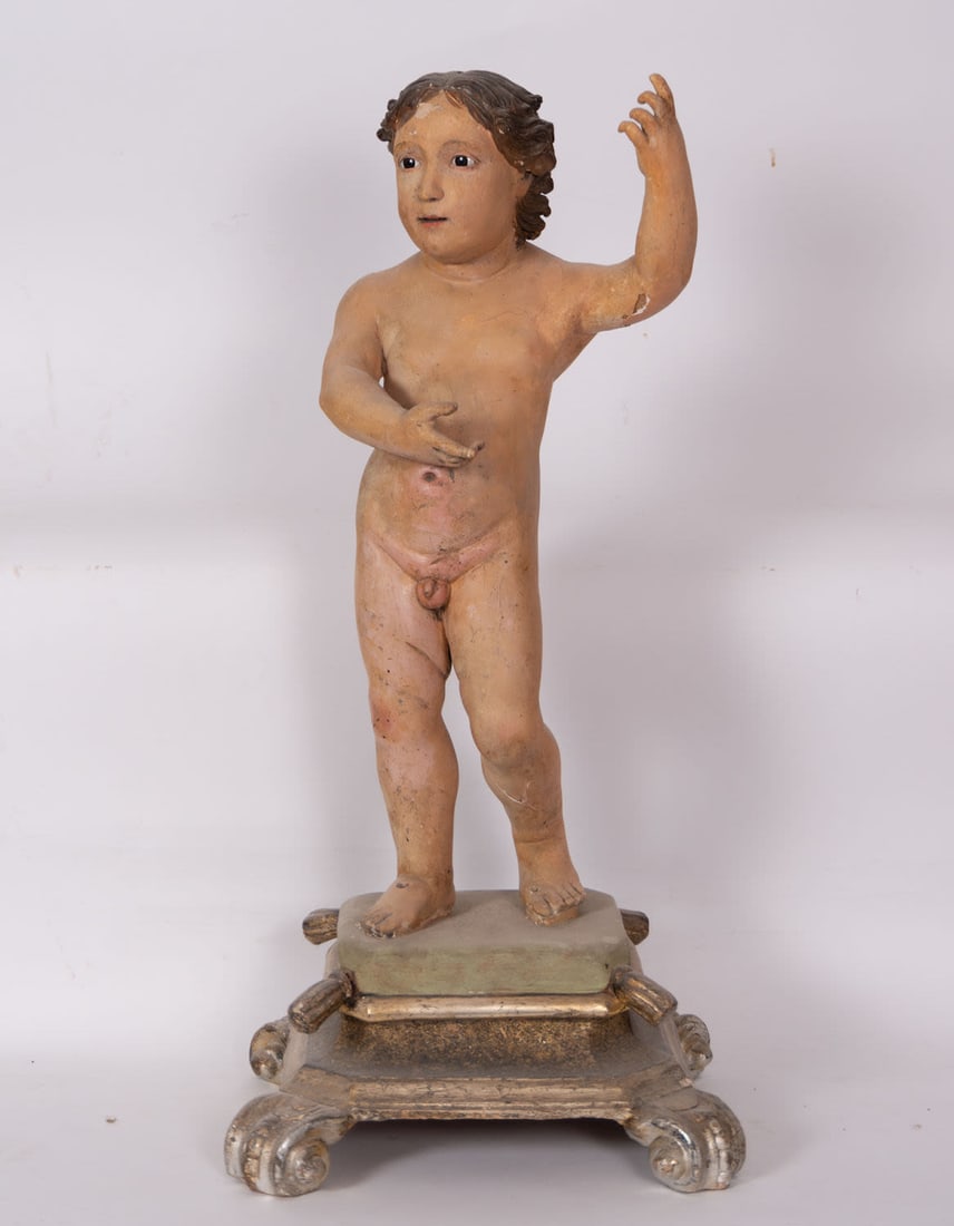 Little Saint John in wood, Spanish or Viceregal school of the 18th century: In carved wood, Child measurements: 60 x 25 x 19, base measurements: 16 x 34 x 30, total measurements: 77 x 34 x 30 cm