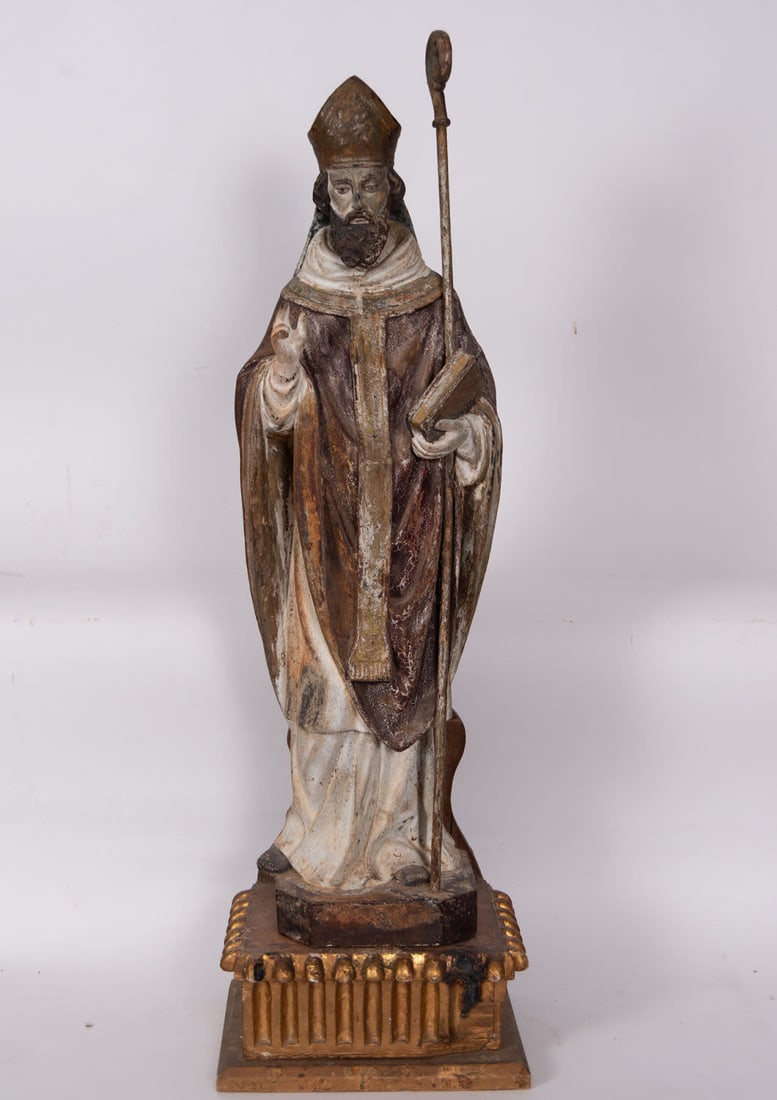 Saint Nicholas in polychrome iron, 18th century Spanish school: Measurements: 80 x 25 x 17 cm (Holy), base measurements: 13 x 29 x 24 cm